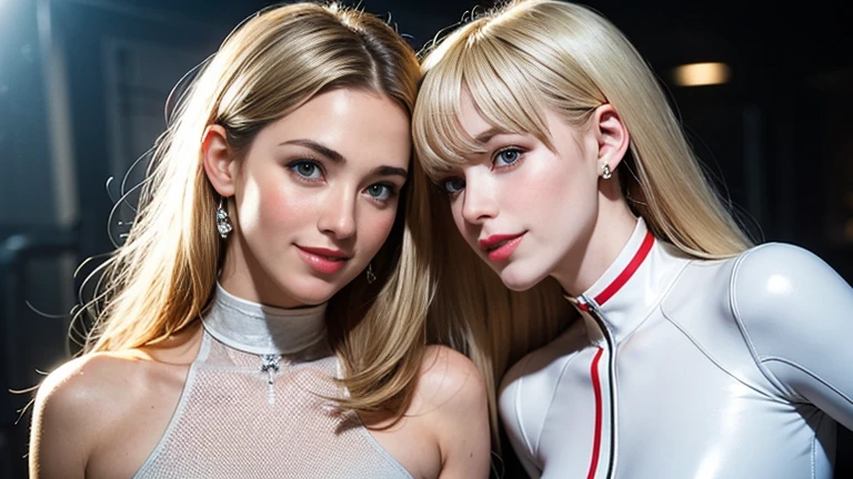 2 beautiful young and beautiful blonde Irish women with platinum blond hair、 Hollywood Actresses、smileで遠くを歩く、beautiful twin blonde beauty wearing a white blouse with a collar inside an android suit、Clear Blue Sky During the Day、Beautiful blonde beauty with collar、smileで歩く若くて美しい18歳のアイルランド人双子美女、Blond and blue-eyed Irish beauties、Blue eyes and blonde hair、ung and beautiful blond twins with platinum blonde hair and white blouses、long sleeve cyber protector body、High Neck design with collarZipper closed up to neck、High Neck cyber suit、High Neck、2 beautiful Irish women with platinum blond、smile、GORGEOUS Earrings、Gorgeous Necklaces、Beautiful blonde beauty in android suit、half model young and beautiful white beauty、High Neck innerwear、BLUE NAILPOLISH、Realistic Textured Skin、half model young and beautiful white beauty、16k、UHD、High Quality、 Open Your Mouth and Laugh、smile、upper body、Focus on two blonde pretty girls in the frame、head position is below the center of the image、2 people walking at different distances on both sides of the image