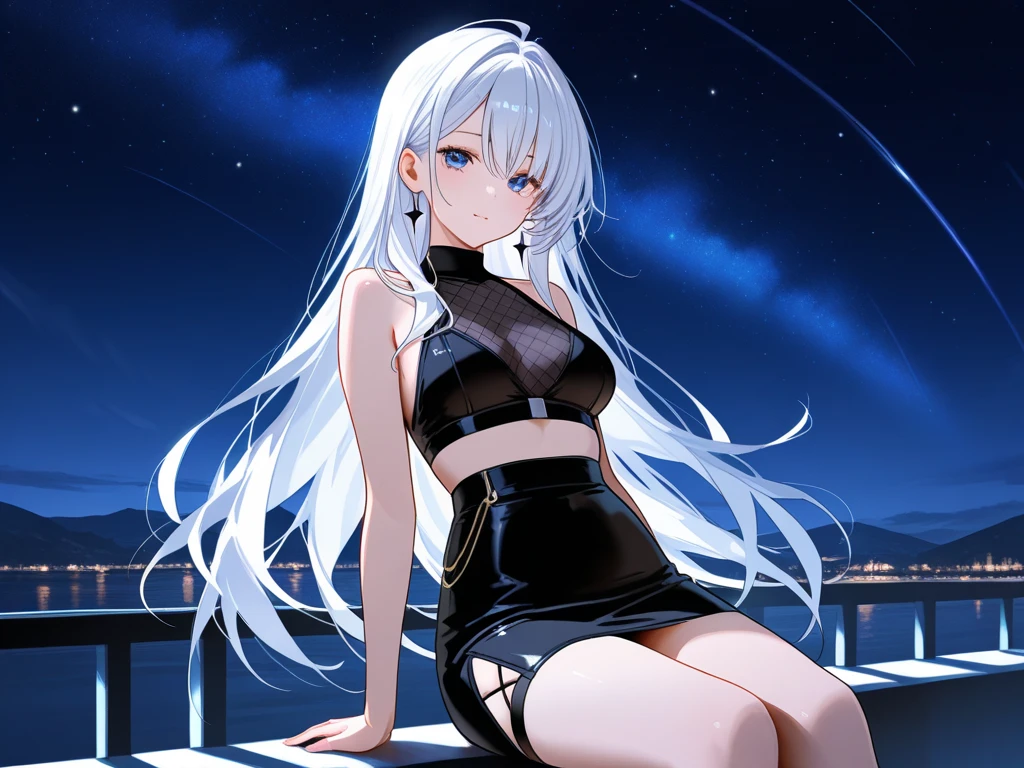 A detailed portrait of a girl sitting outdoors at night, looking at the starry sky with the milky way, surrounded by a night cityscape with buildings silhouetted against the night sky, long white hair. wearing a slightly revealing dress, sexy legs, precise cleavage, (best quality, 4k, 8k, masterpiece: 1.2), ultra detailed eyes and face, extremely detailed blue eyes, beautiful detailed eyes, beautiful detailed lips, sky, stars, starry night, night, 1 girl.