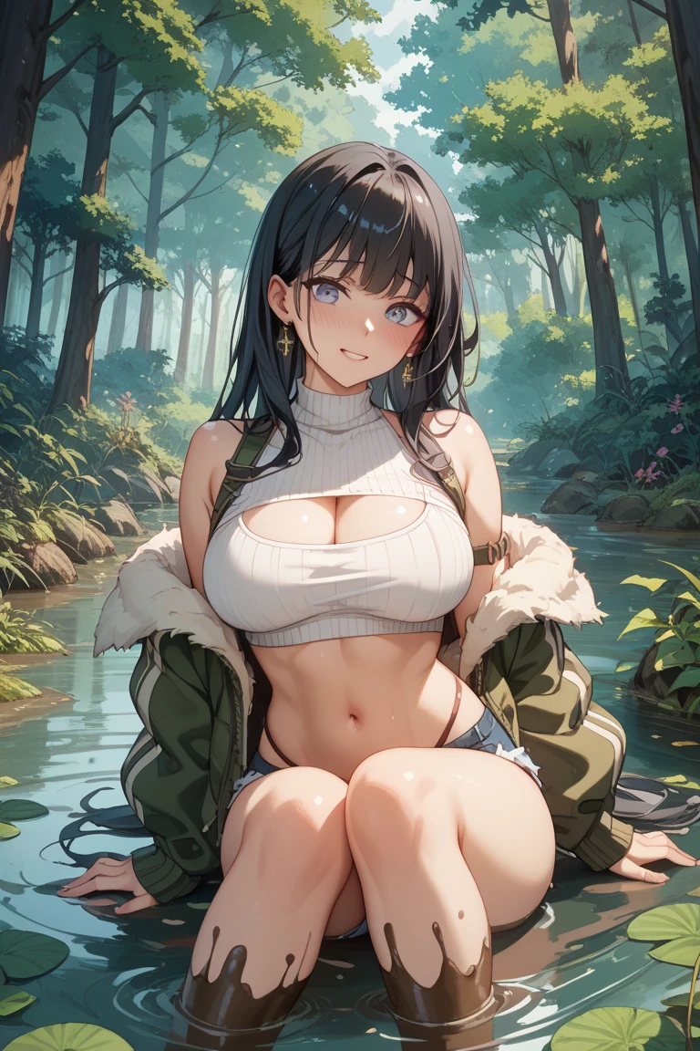 (Masterpiece, Best Quality, 8K, 32K, Masterpiece, Hmm, Ultra High Resolution, Impressionist, Photorealistic: 1.2), ((Perfect Proportions)), ((Diagonal Front Angle)),Detailed Face and Eyes, Beautiful Face, Blurred Background, Glowing Skin, Hot Skin, Realistic Pupils, Beautiful Face, Blurred Background, Beautiful 18 Year Old Girl, Side Ponytail, (medium hair), ((White Scrunchie)), Beautiful Black Hair, Black Brown Eyes, (Fully Nude), (Fully Nude), (Erect Nipples), (Pussy), (Clitoris), Thighs Thighs Thighs, Curves, Sexy Pose, Shy Smile, Sweating, Slightly Droopy Eyes,((Running happily)),((Highlands)),((Lake)),((Blue sky)),((Mountains))