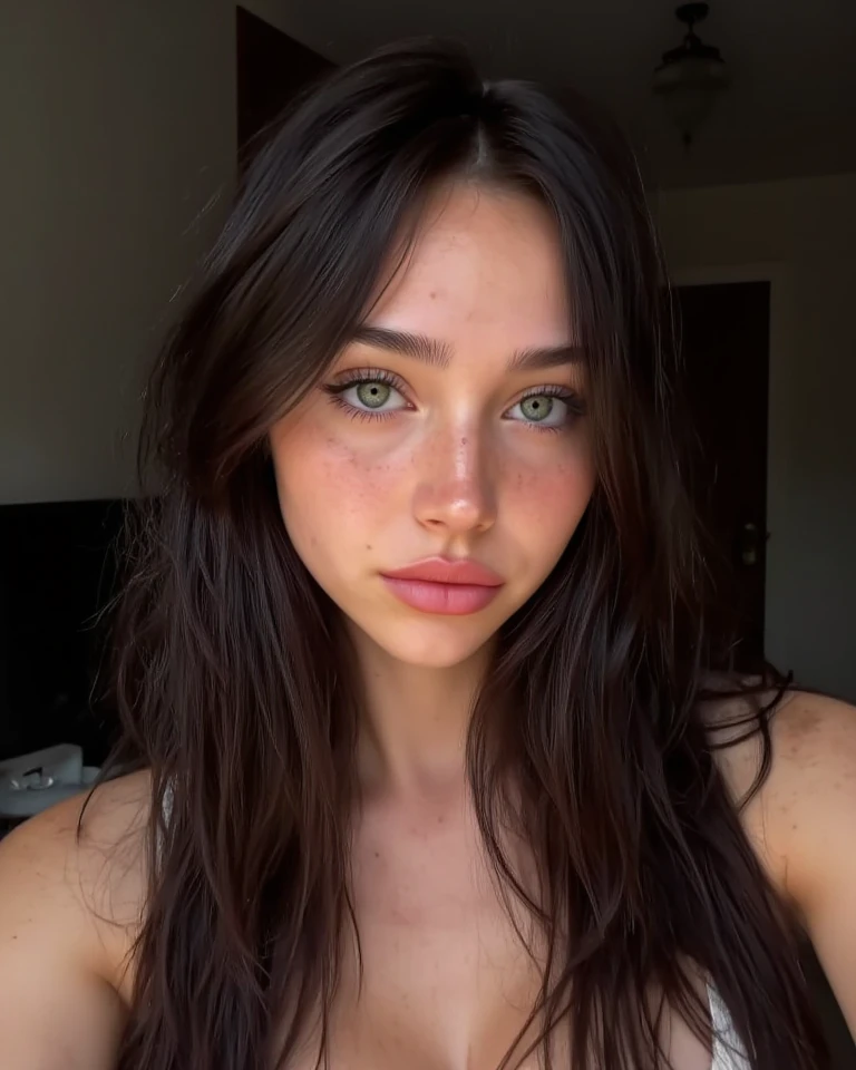 ((Female)) ((19 Year old)) ((AuburnHair)) ((Green Eyes)) ((Good Jaw structure)) (Innocent look) ((Realism))