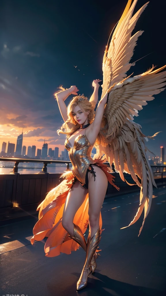 tattooed smiling angel girl with sunglasses glowing halo and wings sitting on a cloud, view from above, in the style of high dynamic range, kawaii art, light golden and light bronze, animated illustrations, daz3d, exotic realism, tattoo-inspired, vibrant manga, close-up intensity, japanese-inspired niji 5,SAM YANG,korean girl,greg rutkowski