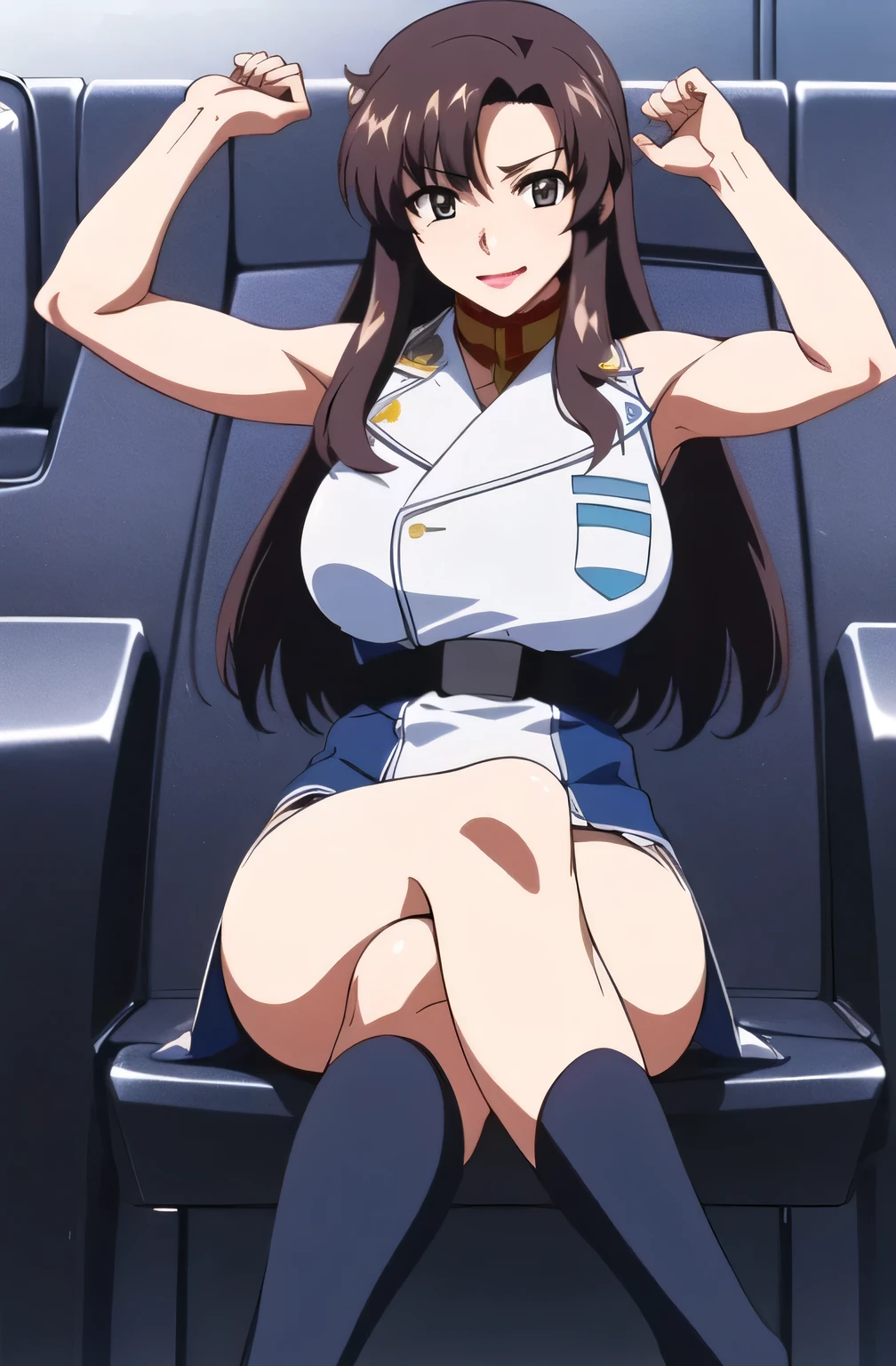 (messy black hair), (flight attendant), (white horns), airplane, (huge juicy breasts:1.2), (cleavage), (flight attendant dress:1.2), milf, busty, slim stomach, wide hips, (yellow eyes), beautiful face, professional lighting, glistening skin, high quality, (seductive pose:1.2)