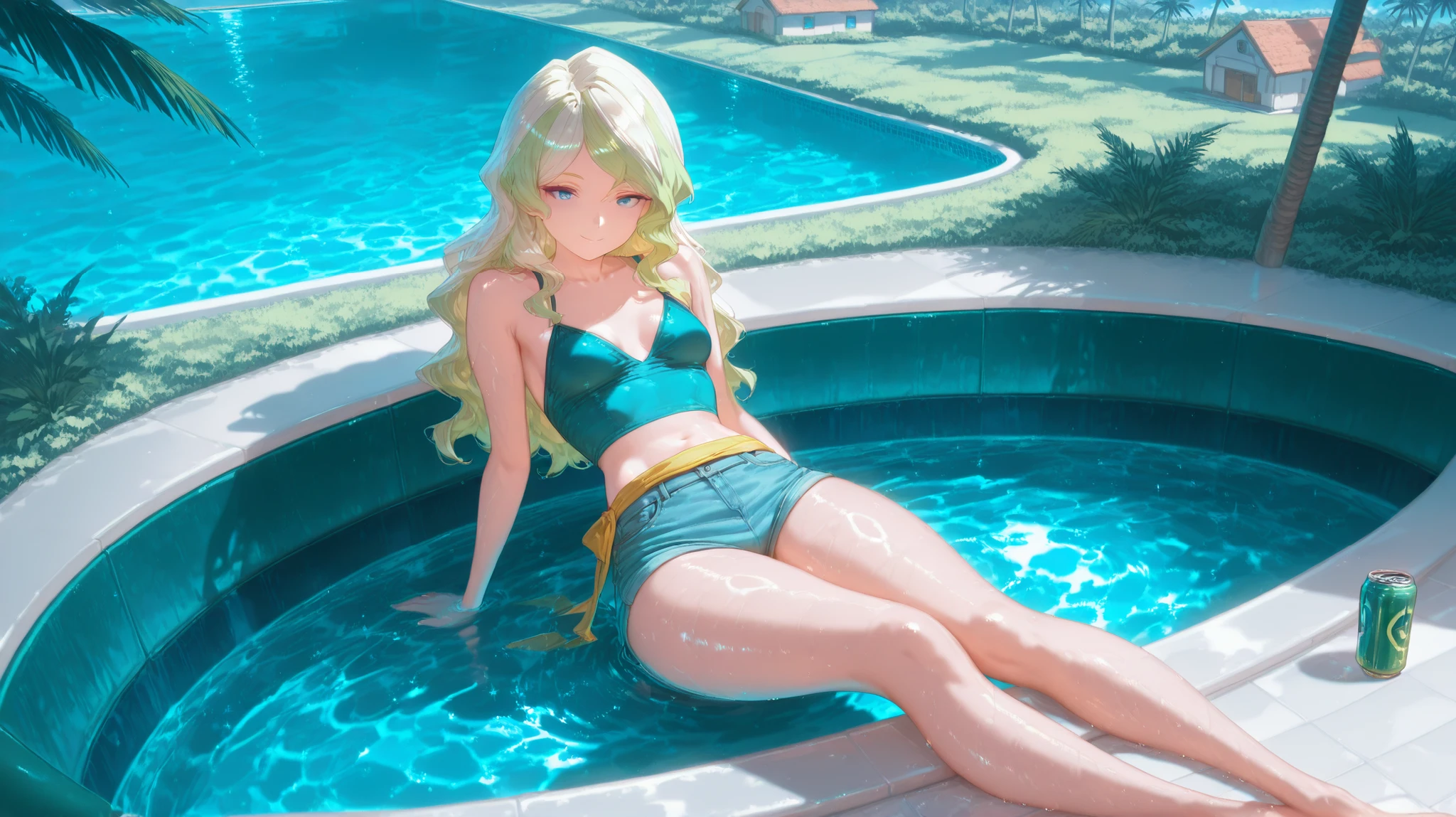 best quality,masterpiece,Ultra-high resolution,(photoactual:1.4),Swimming Pond,Fairy Tail Characters(Elsa),wearing sunglasses,Wear a bikini,On a recliner,enjoy the sun