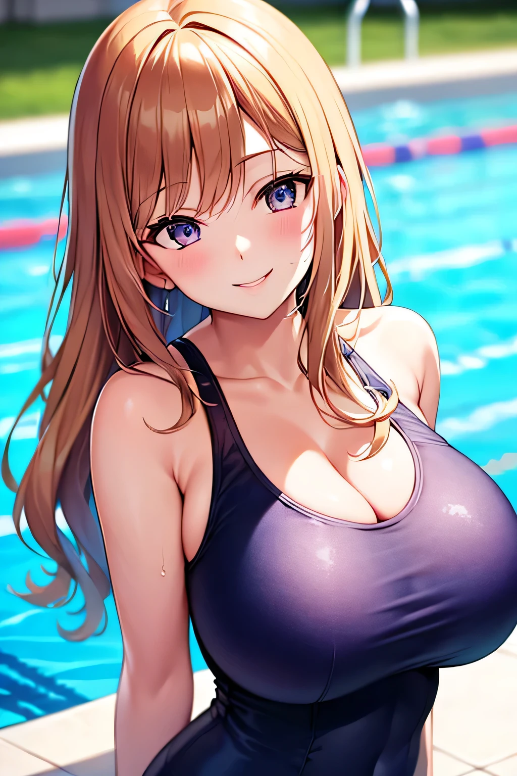 rising out of public pool, (masterpiece, best quality, illustration), Marin Kitagawa black microbikini, makeup, blond hair, pink eyes, very long hair, hair ribbon, braid, twin braids, cowboy shot, looking at viewer, cleavage, flirting, modest, huge natural breasts, large hips,