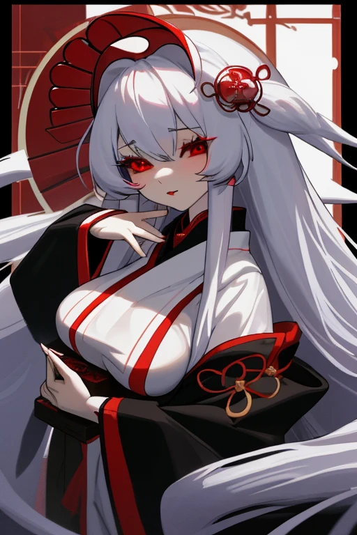oni girl, huge breasts, kimono, white stockings, pokkuri sandals, white hair, red eyes, 