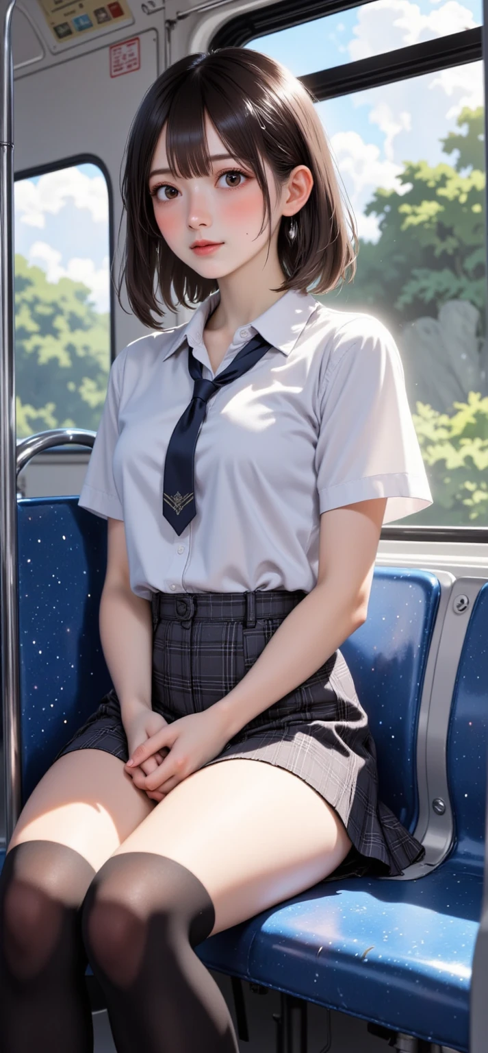 ((Highest quality)), (detailed), 1 Japan, sexy、ass pov, school girl, in a train, sitting on a seat, (long seat:1.5), Beautiful Skin, Double eyelids, Symmetrical eyes, navy pleated skirt, lift skirt, (exposured panties:1.25), blush, (smile:0.8), embarrassed, realistic
