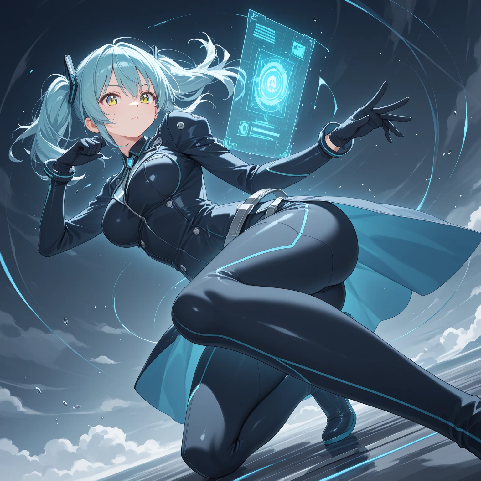 Masterpiece,Impasto,Niji journey,Niji,Dynamic angle,Looking at viewer,From front,Full body,Prism style,Broken glass effect,1girl,Solo,Hood up,Big hood,Black hooded coat,Black bodysuit,Black shirt,Black leggings,Mechanical boots,Mechanical weapons,Blue eyes,Gauze on face,Long sideburns,Medium hair,Big braided,Curly hair,Gray hair,Hair over one eye,Beautiful breasts,Beautiful ass,Broken glass background,Cyberpunk background,City,Light blue theme,Backlight,Blue Sky,Cloud