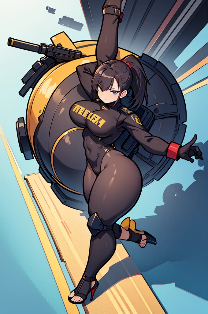 (masterpiece, best quality), intricate details, 1girl, Rampart, dark skin, forehead jewel, nose piercing, side ponytail, brown hair, jewelry, orange jumpsuit with white stripes, knee pads , right glove, green top, left arm tattoo, huge breasts, cleavage, gigantic breasts, massive breasts, hyper breasts, huge ass, gigantic ass, massive ass, huge butt, massive butt, flirty, thick thighs, lips, looking at viewer, seductive, wide hips,