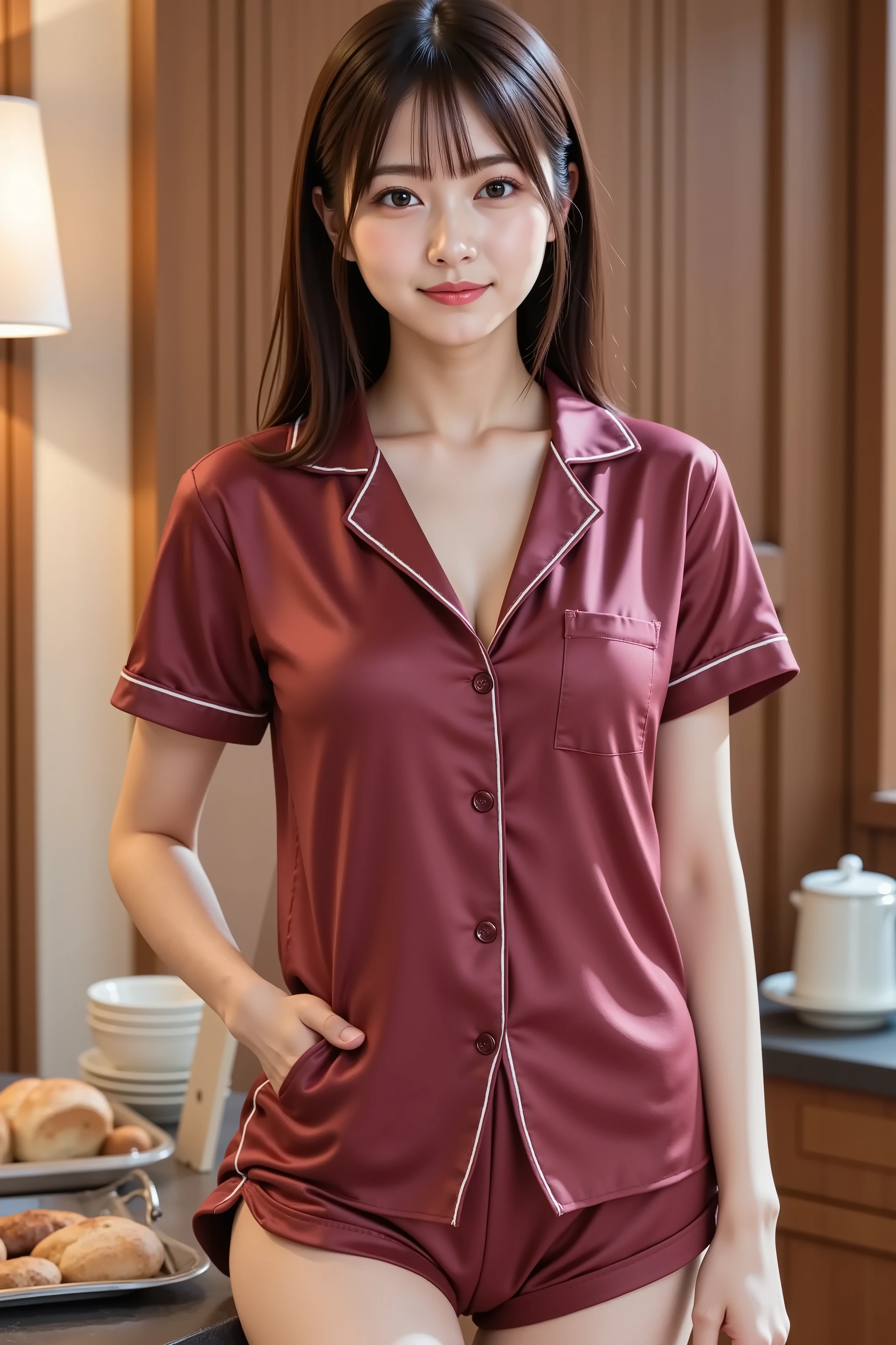 firm breast, cleavage, by adjusting the framing so the subject's full head is visible within the composition, a highly detailed and realistic digital illustration of a female character in a stylized military-inspired fantasy outfit, realistic high-resolution photograph of a woman standing in a cozy wooden kitchen interior, captured just below the shoulders, positioned entirely within frame to avoid head cropping. she is wearing a short-sleeve maroon satin pajama top styled like a shirt, complete with a notched collar, white piping along the seams, and a button-down front. the material is smooth and softly reflective, showing realistic light behavior with gentle highlights on the fabric surface. the shirt features a single chest pocket on the left side and neat seams that trace the garment’s edges, with subtle wrinkling near the waist, underarms, and along the sleeves. each button is small, rounded, and aligned along the center placket. the sleeves are trimmed with white piping, and the relaxed fit of the top allows it to drape naturally over her upper body, conforming to light body movement. lighting in the space is warm and diffused, primarily coming from a wall-mounted lamp with a fabric shade on the left, along with soft ambient light. this creates a natural interplay of shadow and highlight along her shoulders, chest, and the folds of the shirt. the background includes vertical wood paneling, cabinetry with recessed details, and a dark brown countertop. on the counter are a white electric kettle, stacked saucers, and a metal tray containing bread rolls and pastries. the overall scene evokes an early morning or late evening atmosphere. ensure her head is fully visible in the frame and that all architectural and kitchen details are included. textures like the satin sheen of the top, wood grain of the walls, ceramic surface of the kettle, and matte finish of the countertop must be rendered photorealistically. focus on warm interior lighting, fabric behavior, and ob