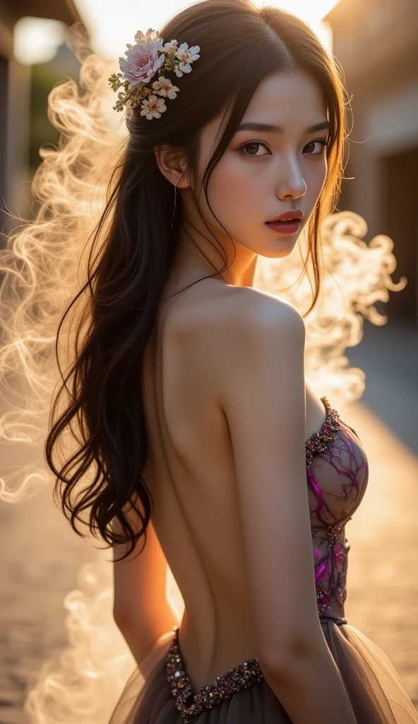 (Best quality, 8k, 32k, Masterpiece, UHD:1.2) "Generate a captivating artwork featuring a young Japanese girl model with short, sleek black hair styled in a chic bob haircut. Envision her bathed in dramatic cinematic lighting, creating an atmosphere of allure and mystery. Emphasize a romantic aesthetic vibe, showcasing the model in a poised and elegant pose that evokes a sense of intimacy and sophistication. Utilize warm and soft tones to enhance the romantic ambiance, and consider incorporating elements like flowing fabrics or flowers to add a touch of ethereal beauty. Capture the essence of romance and beauty through the model's expression, the play of light and shadows, and the overall aesthetic, creating a visually compelling and emotionally resonant piece." (perfect eyes), flawless skin, flawless face, cinematic, tight body, ((well-proportion female hands)), ((female hands with five digits)) ((Body is well proportioned)), ((chic bob haircut)), water