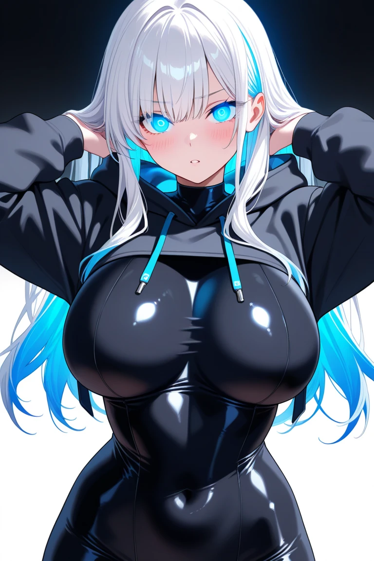 ((highest quality)), ((masterpiece)), Genuine picture, Intricate details, Very detailed, Ultra-high resolution, Depth Field, Genuine, tall, ((Narrow Face:1.3)), ((Beautiful Eyes)), lips, eyeliner, (Muscular body:1.5), A light smile, latex leotard, zettai ryouiki, (Light blue hair:1.4), (Long Hair:1.1), Big Breasts, (angry smile:1.0), (blush), Skin dents, Open your mouth, Dutch Angle, bust focus, Look up, White Background, masterpiece, highest quality, Absurd, photo Genuineistic