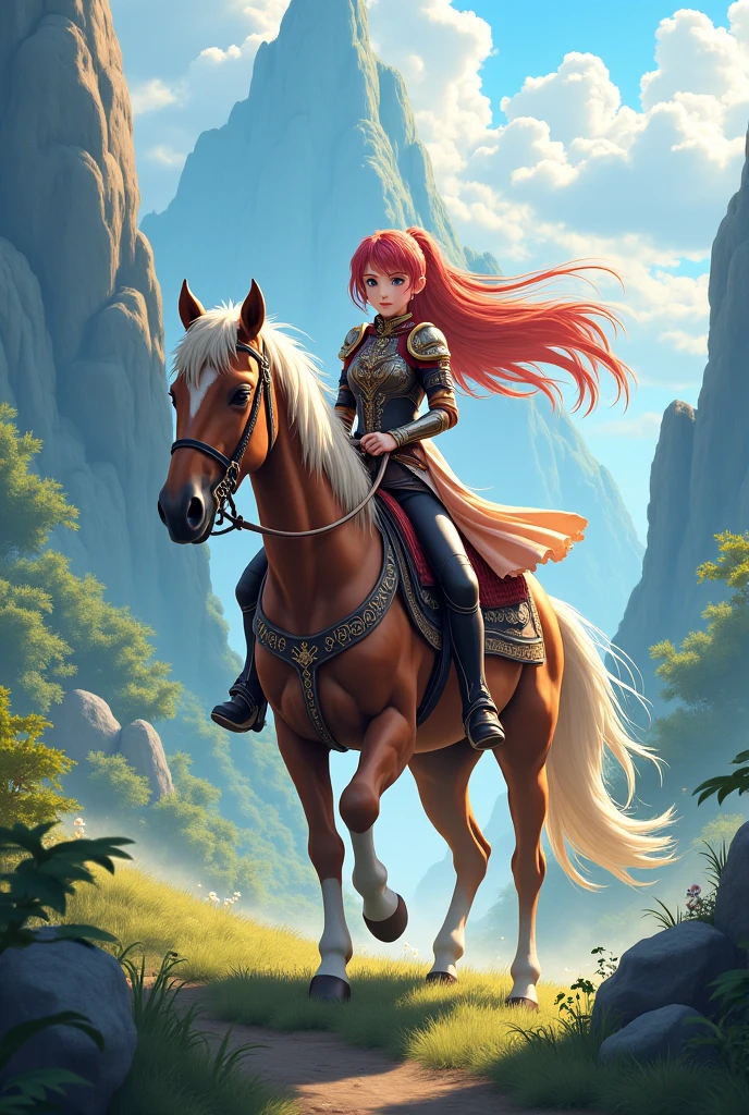 Face-BarbaraPalvin RPG character painting dungeons and dragons, medieval D&D bard riding horseback (warhorse:1.2), Barbara Palvin, lute, (orange:0.5) shirt leather pants armor, elaborate, ornate, adventurer cape, (blonde hair, top pony tail:1.1), standing in grass, (dark forest:1.1), (alpine mountains:1.1), clear sky, (masterpiece:1.3) (best quality) (detailed) (8k) (HDR) (wallpaper) (cinematic lighting) (sharp focus) (intricate) (Style-Renaissance:0.3)