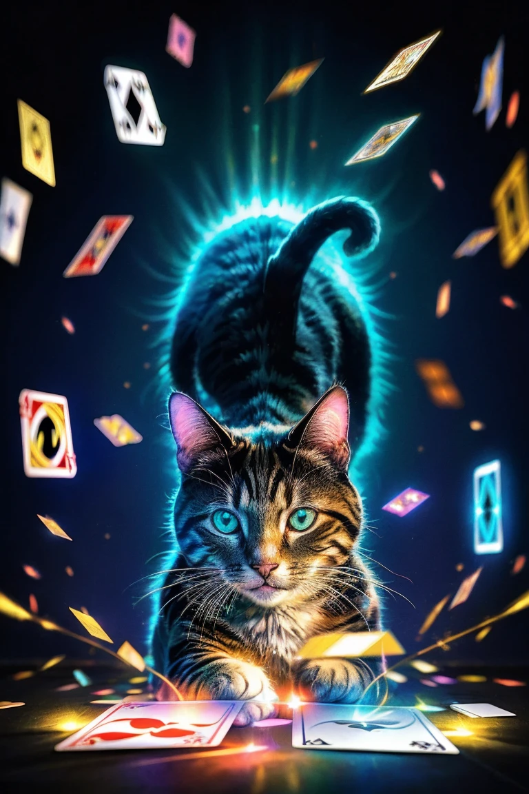 photorealistic, very detailed,  Pure Quality , bright colors, cinematic atmosphere, cat emerging from cards, hologram cat, Pleading expression, background with lots of hologram cards flying around, 