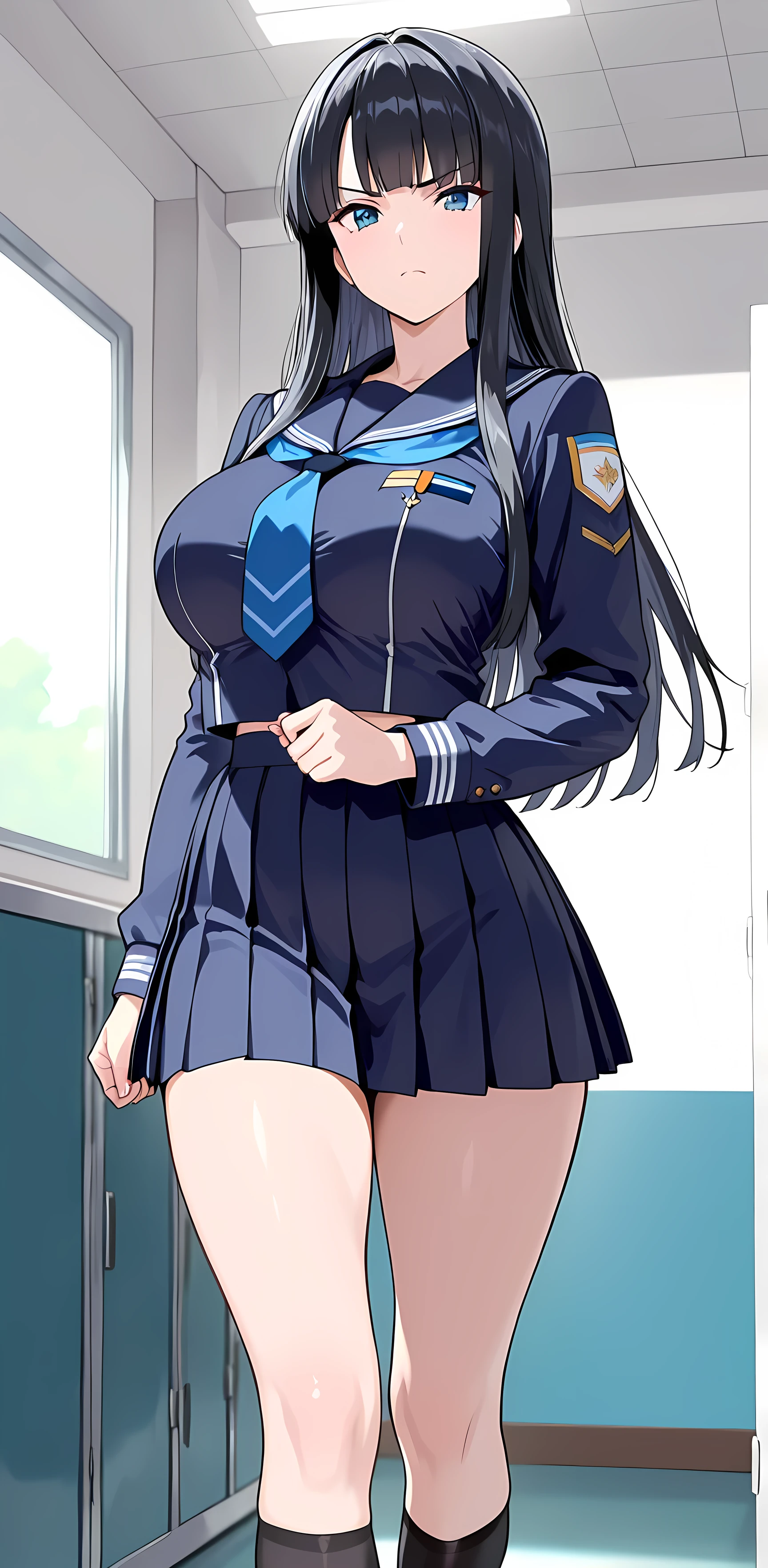 masterpiece,high resolution,Highest Quality,8k,((Highest Qualityを提供する)), (masterpiece)), (details: 1.4), high resolution, (masterpiece: 1.4), 超details, 1 beautiful girl,black hair, NAVY skirt, pleated skirt, school uniform, serafuku, Dark blue uniform,Winter clothes,black knee-high socks, student council president , Apprenticeship room ,Big Breasts,Thighs、I'm wearing a good quality,Serious
