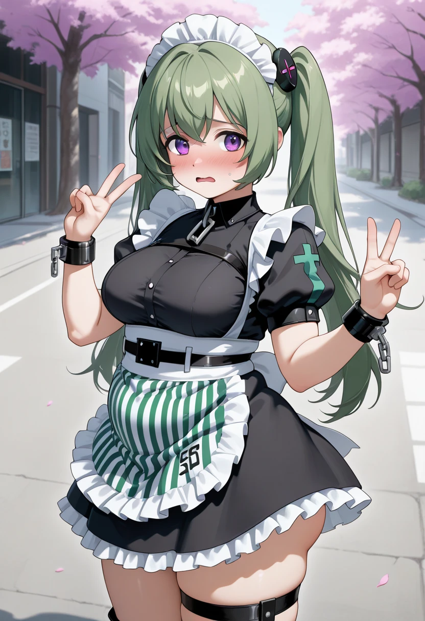 (masterpiece, best quality:1.2), solo, 1girl, soda \(nikke\), smile, open mouth, looking at viewer, hands on own chest, maid, maid headdress, necktie, detached collar, cleavage, breast strap, gloves <lora:soda-nikke-richy-v1:1.0>