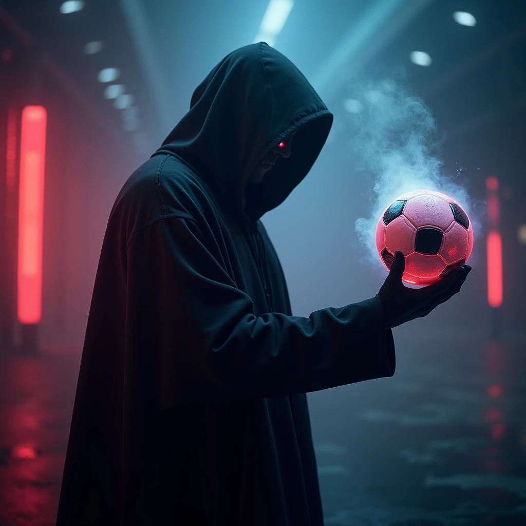 Image of Sadako wearing white clothes and VR goggles shooting a soccer ball. Adding horror elements.