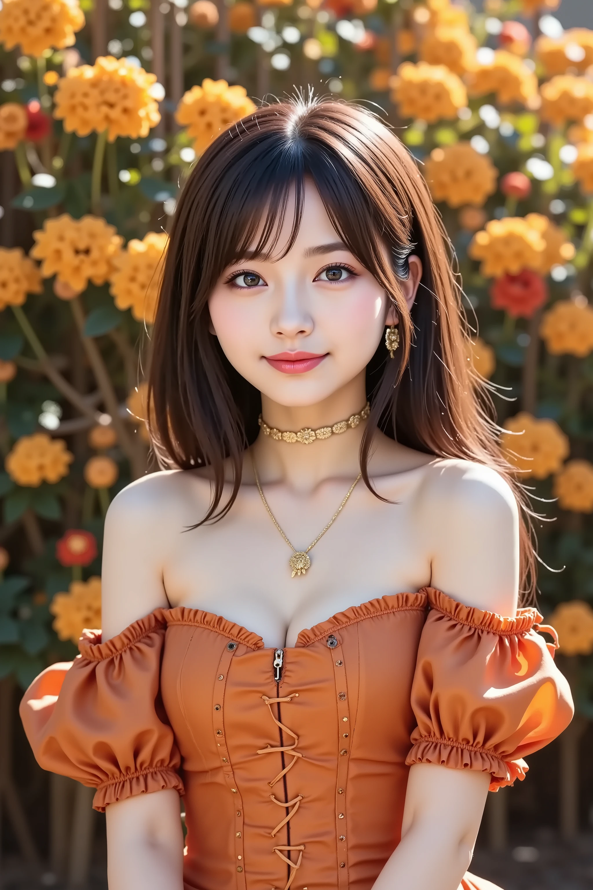 firm breast, cleavage, by adjusting the framing so the subject's full head is visible within the composition, a highly detailed and realistic digital illustration of a female character in a stylized military-inspired fantasy outfit, realistic high-resolution photograph of a woman standing in a floral outdoor setting during early autumn, captured just below the shoulders, positioned entirely within frame to avoid head cropping. she is wearing a detailed, off-the-shoulder gown in rich amber-orange, made from slightly lustrous fabric that catches warm light across the bodice and sleeves. the corset-style bodice features vertical stitching and decorative ribbon lacing down the front, adding both texture and historical elegance. the off-shoulder sleeves are ruffled and gathered at the upper arms with floral accents, and flow loosely below with translucent orange drapery. a thin choker necklace with a delicate flower-shaped pendant sits at her neck, complementing the seasonal color palette. around her wrists are thin gold bangles that reflect the ambient warm lighting subtly. the background consists of densely clustered marigold and chrysanthemum flowers in vivid yellow, burnt orange, and soft red tones, arranged against dark leafy branches. falling petals are suspended midair around her, with some resting on her gown, enhancing the immersive autumn atmosphere. the lighting is golden and directional, simulating a sunset glow that highlights the texture of the dress, casts gentle shadows across the arms and neckline, and adds depth to the folds of the gown. ensure her full head is within the frame and all key background elements, such as the layered flowers, branches, and scattered petals, remain visible and coherent. focus on realistic textile details, ambient natural light, and warm, balanced contrast to create an evocative yet grounded visual representation of an early-autumn portrait scene.