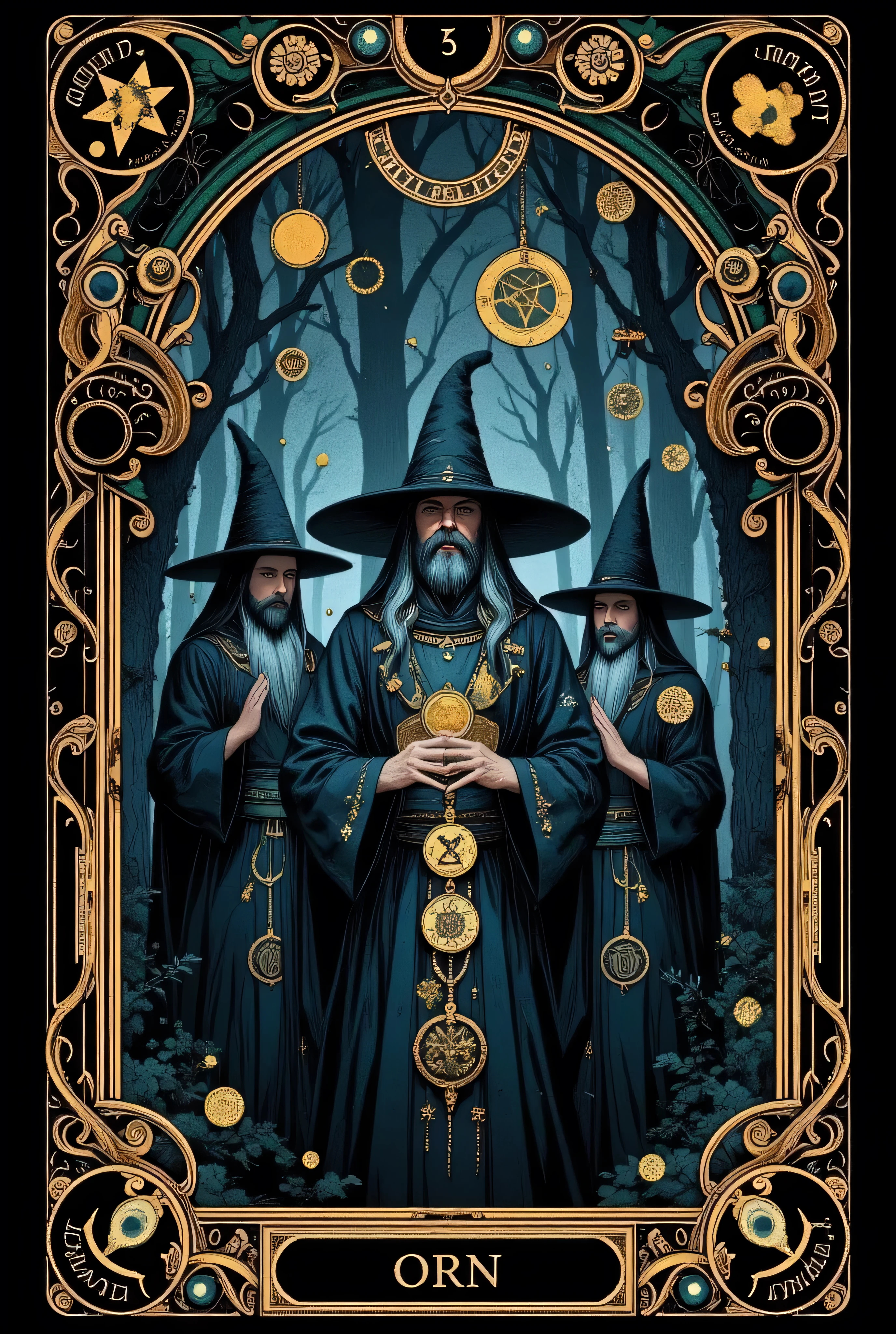 (Tarot card: 1.0), frame, cardgame design, numerical points in corners, text in frame. Three wizards in priests' robes chantinging in dark forest、Scandanavian men, grey eyes、brunette hair、beards. Encircling tree々Vines、Multiple symbols floating around、一貫して pattern化された作品、Projected Shadows、 minimalism、Brilliant Color Palette、deep blue and pale gold color scheme、Dark Fantasy Illustration、mute light、 Mysterious and Fantastic 、An atmosphere that makes you feel uneasy、surreal、illustration style、A beautiful digital fantasy、Best Quality、masterpiece、
