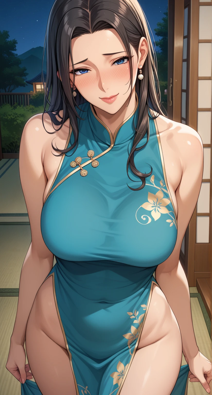 <lora:OGT_Luong-v1:0.9> Luong, 1girl, solo, long hair, breasts, jewelry, earrings, flower, hair ornament, hair flower, cleavage, large breasts, purple hair, chinese clothes, dress, tattoo, china dress, purple eyes, lipstick, very long hair, makeup, looking at viewer, see-through, red nails, nail polish, indoors, dojo, closed mouth, smile, mature woman, (masterpiece, Best Quality, Extremely Detailed, Ultra Quality, 4k)