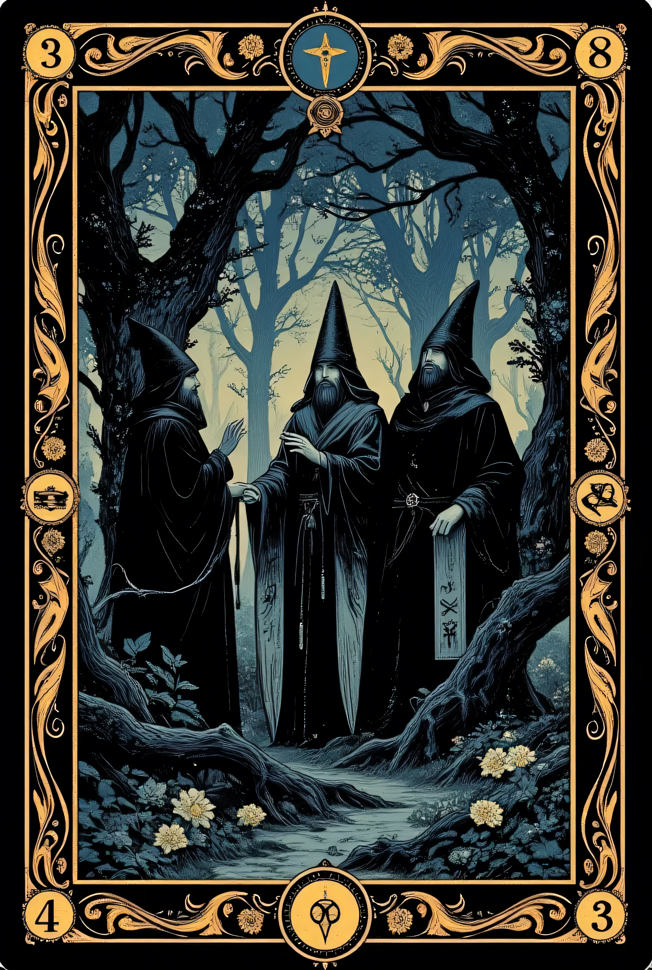 (Tarot card: 1.0), frame, cardgame design, numerical points in corners. Three wizards in priests' robes chantinging in dark forest、Scandanavian men, grey eyes、brunette hair、beards. Encircling tree々Vines、Multiple symbols floating around、一貫して pattern化された作品、Projected Shadows、 minimalism、Brilliant Color Palette、deep blue and pale gold color scheme、Dark Fantasy Illustration、mute light、 Mysterious and Fantastic 、An atmosphere that makes you feel uneasy、surreal、illustration style、A beautiful digital fantasy、Best Quality、masterpiece、