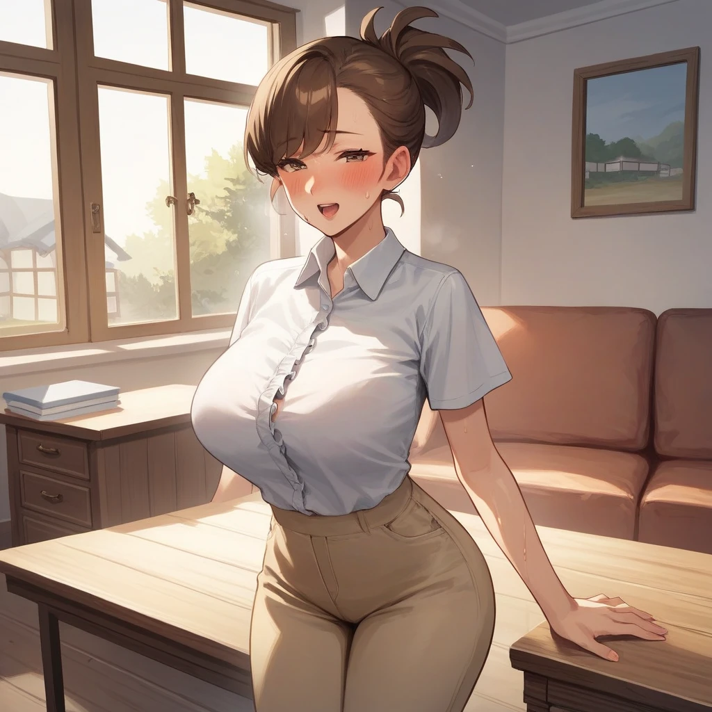 ((masterpiece)), ((best quality)), (ultra-detailed), (realistic), beautiful face, detailed hands, expressive eyes, 1girl, solo, mature female, milf, motherly, huge breasts, narrow waist, wide hips, curvy, straight hair, short hair, brown hair, hazel eyes, beige shirt, blue pants, cleavage, standing, smile, hands on hips, looking at viewer, indoors