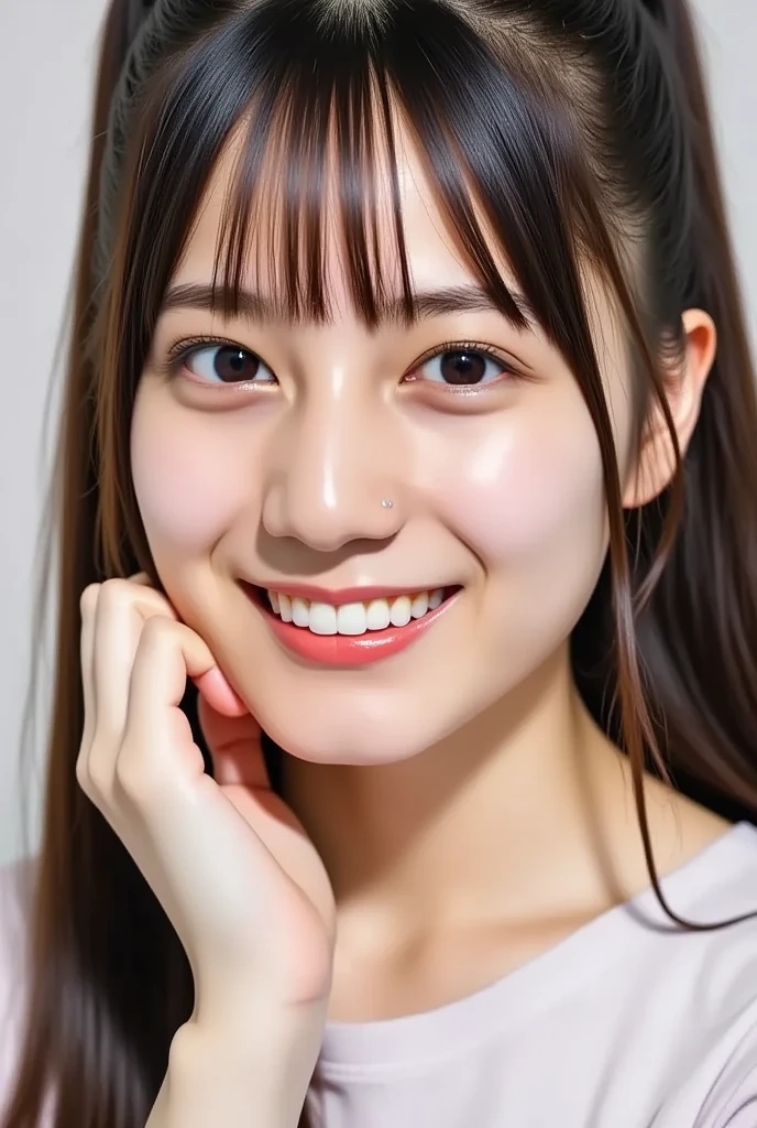 ((High Angle or Low Angle))、(stares at the camera)、(realisitic、Photorealsitic:1.37)、(8K、Raw photography、top-quality、​masterpiece:1.2)、cute little、ultra-detailliert、Heart-shaped pupil、physically-based renderingt、超A high resolution、Kodak Vision Color、Captured with an Arricam LT camera、bokeh dof、foco nítido、Look at viewers、Photorealsitic、realisitic、独奏、Photorealsitic、top-quality、extra detailed face、extremely detailed eye and face、beatiful detailed eyes、absurderes、incredibly absurdness、hair messy、Floating hair、short clean hair with bangs、Put your ears out、clean and long neck、Clean collarbone、glowy skin、Distinct double eyelids、Lashes、((Immaculate white background with nothing really、Close-up of the face))、Close your mouth and smile a little、Smiling happily、Smile happily、White-colored skin、Cute wink、Wink、((Wink))、Do not add shadows、Naked Photos