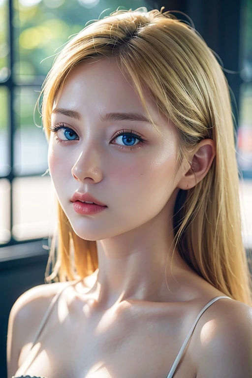 "(Masterpiece, Best Quality, Realism, Real, Photo: 1.4), Ji Xiaoman, Blonde, Very cute face, Blue eyes, Upper body, Big breasts, Real, photo"