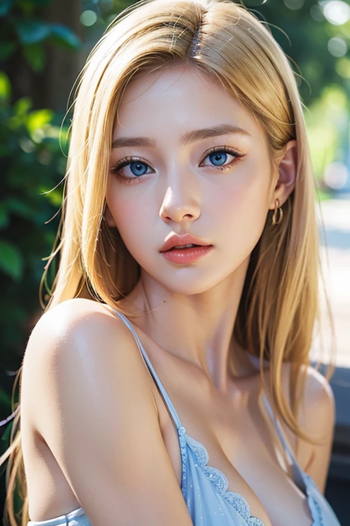 highest quality, masterpiece, Ultra-high resolution, (Realistic: 1.4), RAW Photos, 1 girl, blonde, blue eyes, Small eyes and face, Sexy Nudes,Sexy black dress、Sexy Style、 Dynamic Lighting, dark, Deep Shadow, Inconspicuous, whole body, Big Breasts, Cleavage、Angle from below