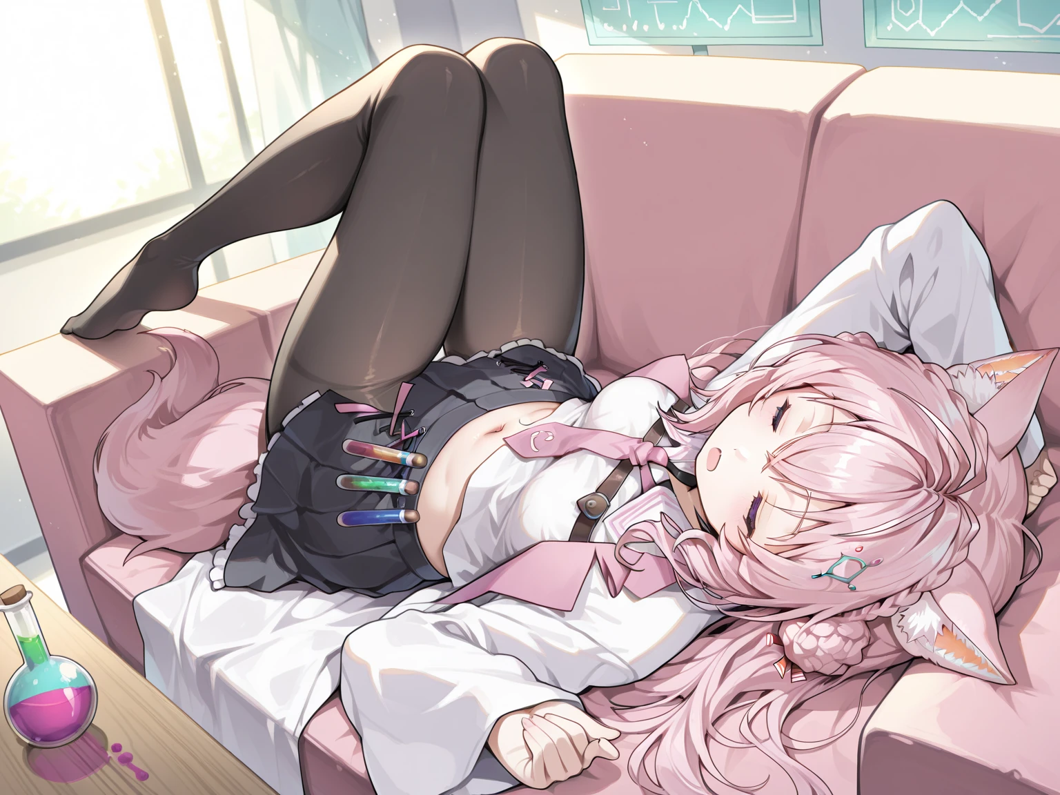 solo, 1girl, 4k, ,Lens flare, pink hair ,  4k, 8k, best quality, masterpiece, hyper detailed, intricate detail, 1boy, 1 girl, detailed, Detailed fuchsia hair ++, detailed pink eyes ++, raytracing, scene girl, scene outfit, streaky hair, long hair, twin tails, ,  tattoos, hairclips, scene hairclips, sparkles, twin tails , tiny waist, tiny waist, bimbo, evil smirk, thighs, panties, perfect hands, perfect fingers, holding phone, taking picture, perfect feet, white socks, perfect feet in white socks