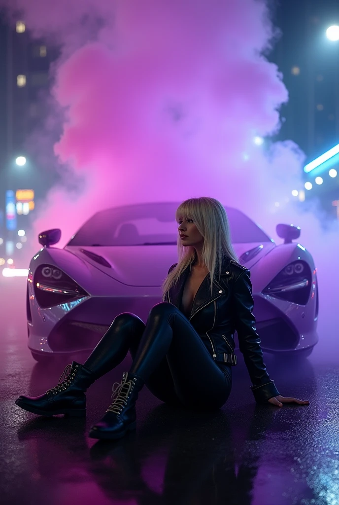 Beautiful biracial woman, long wavy blue hair , blue eyes, large breast, sit on the Hood of a black supercar, Headlights on, at night on a road, with full moon behind, in the forest, In black latex driving suit