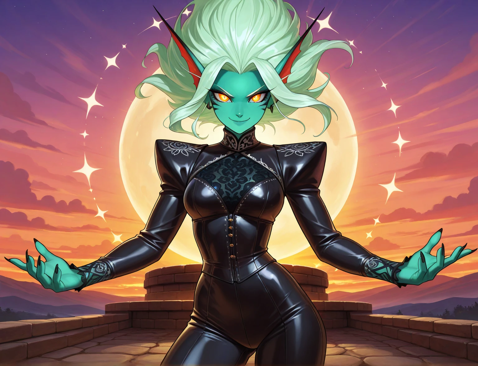 Beastman woman, silver hair, sexy green clothes, moonlight, purple flash, big breasts, dragon