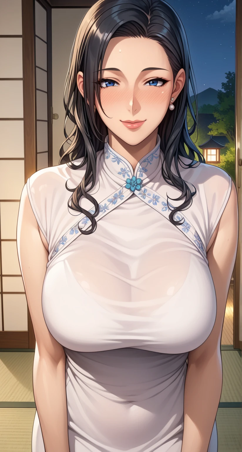 (score_9,score_8_up,score_7_up,score_6_up),masterpiece,best quality, source anime, rating_explicit, (((masterpiece))), (((best quality))), ((ultra-detailed)), ((illustration)), (1girl), (beautiful Japanese woman), (long black hair), (brown eyes), (simple background), (wearing traditional kimono), (detailed face), (perfect anatomy), (detailed light and shadow), (lighting forward), (serene expression), (minimalist style),(cleavage:1.1),((shy smile)), (eyeshadow:0.8), digital collaring, (Sun glare;1.2), Bokeh, Depth of written boundary, Blurred Background, Particles of light, Strong winds, glossy skin, spot light
