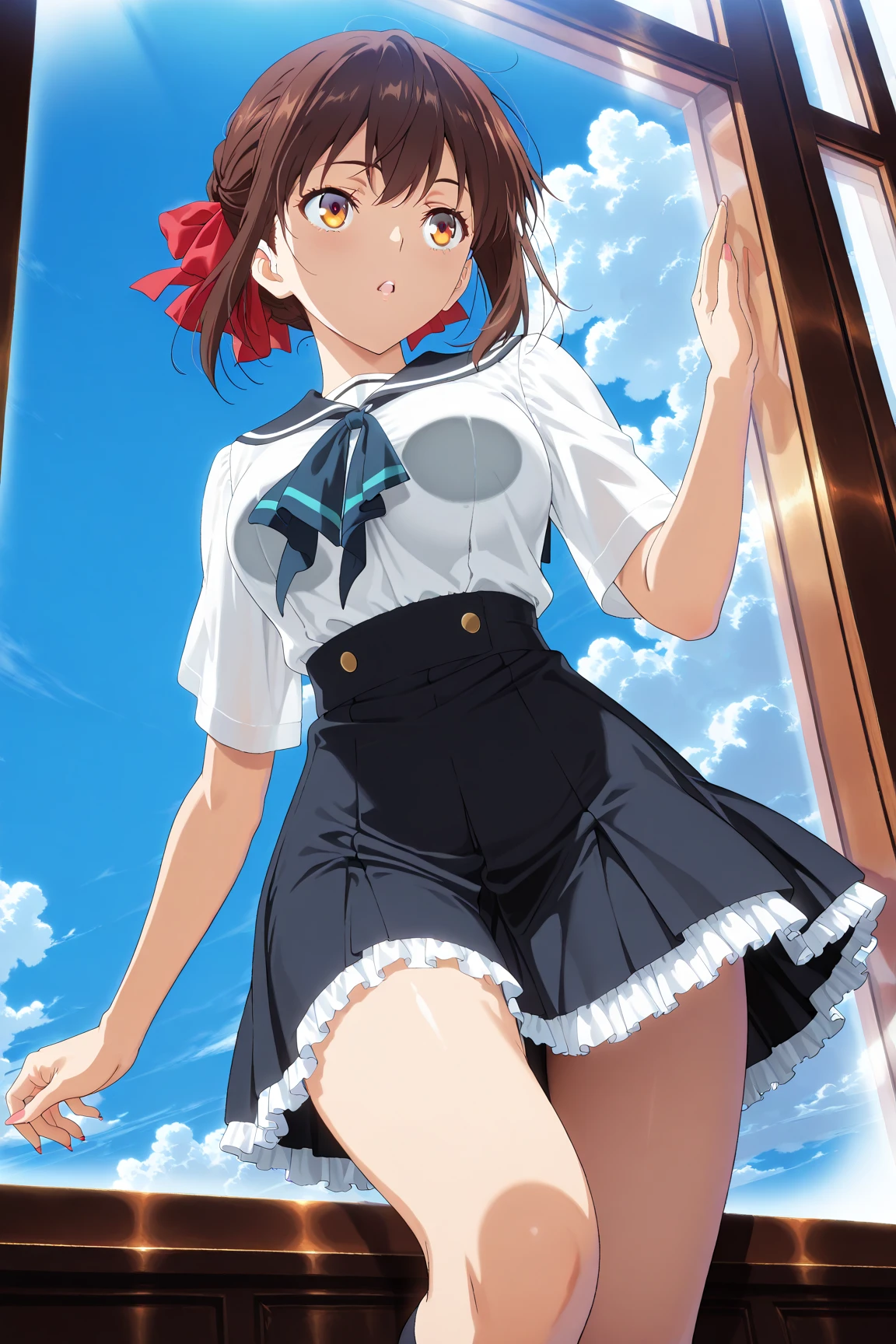 (​masterpiece、top-quality、hight resolution)、
Kana Arima \(Oshinoko\),(((tucking up the skirt、White  are visible、Pantiesto Streakman)))、
School_uniform、Violet Beret、_Red bow tie、Violet_jaket