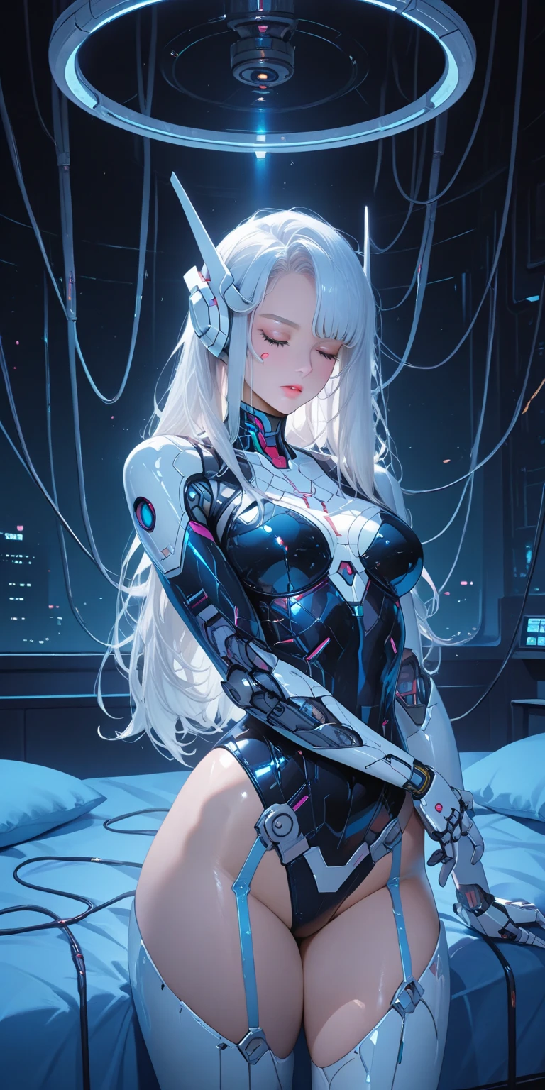 (((masterpiece))), (((best quality))), ((ultra-detailed)), (highly detailed CG illustration), ((an extremely delicate and beautiful)),cinematic light,((1mechanical girl)),solo,full body,(machine made joints:1.2),((machanical limbs)),(blood vessels connected to tubes),(mechanical vertebra attaching to back),((mechanical cervial attaching to neck)),(sitting),expressionless,(wires and cables attaching to neck:1.2),(wires and cables on head:1.2)(character focus),science fiction,white background, extreme detailed,colorful,highest detailed A black Luminescent eyes pink there
