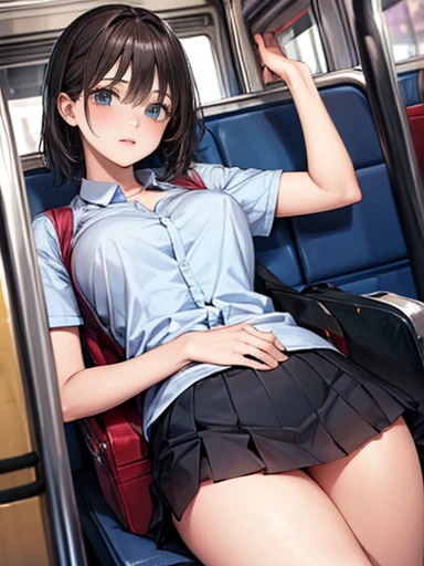 clasp hands between thighs,Panty drop,twin tail,POV,Shiny, sweaty thighs:1.5,open legs,Japanese , sitting on a train,Green sheet,reading a book,sailor uniform, white shirt, red ribbon, brown leather shoes, skirt lift,black skirt,black high socks, embarrassed expression,train interior, morning light, calm atmosphere, urban setting, high quality, highly detailed, realistic photo, intricate details