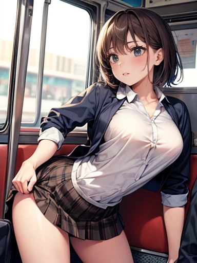 top-quality、Super Detail、front of view、、((wearing school uniform)),(detailed panties showing)),((detailed bra showing)),、You can see up to the feet、skinny thigh、perfect hand、perfect foot、Perfect body、Sexy Shots, Photorealsitic, 8K、The lateral chest is visible、、Ordinary chest、Beautiful body lines、being thin、short hair、Skin revealing,,((plaid miniskirt)),,((plaid ribon,plaid bow)),in car,,,(((showing race panties))),,wavy short and Brown hair,makeup,((blazer style uniform)),,detailed panties,cute panties,(spreading legs open wide with knees bent,creating the shape of the letter M),((handjob)),grabbing penis