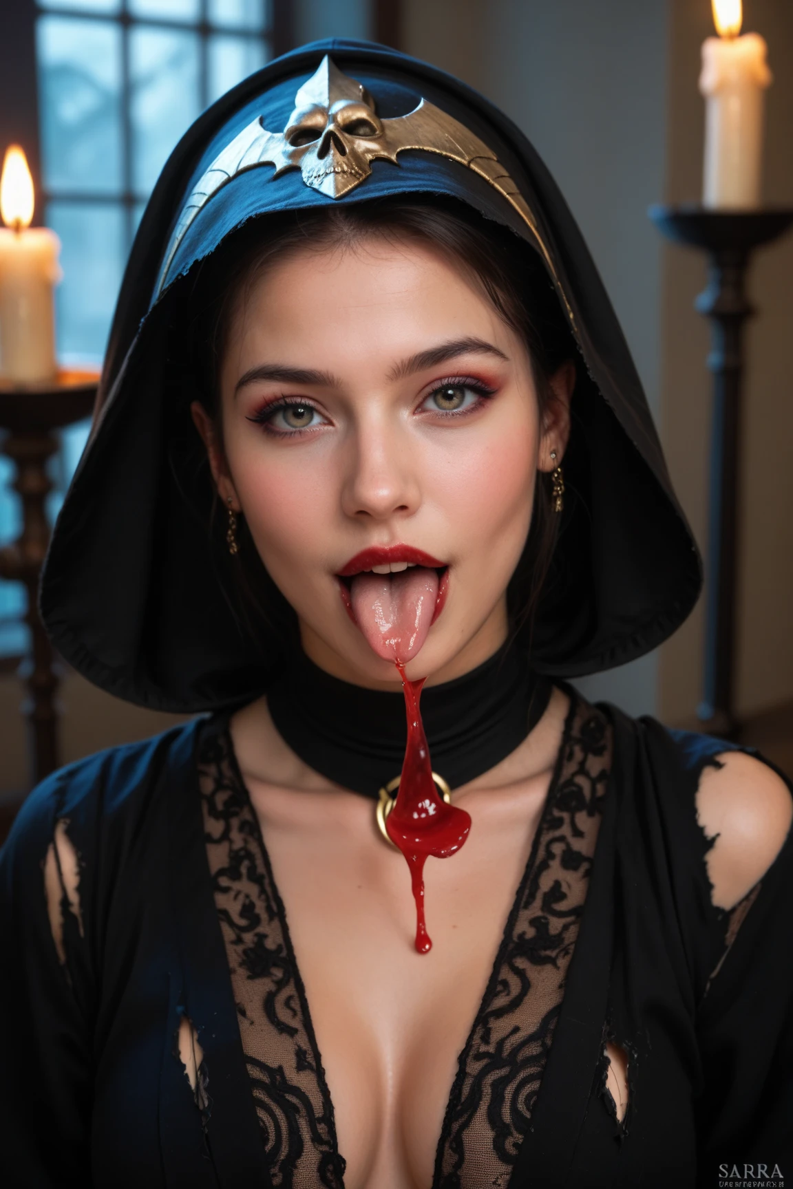 vampire teeth , ((((nighttime))) , 2girls, long hair , RAW photo, high quality, film grain,simple background, presenting, beautiful, (silver and red lined satin cloak tied at the neck:1.20) , ((biting neck:1.20)) , breasts, blood , cum in pussy, big ass, ,biting neck ,clothes lift,bottomless, moonlit graveyard , (2girls,yuri), biting neck, naked pussy