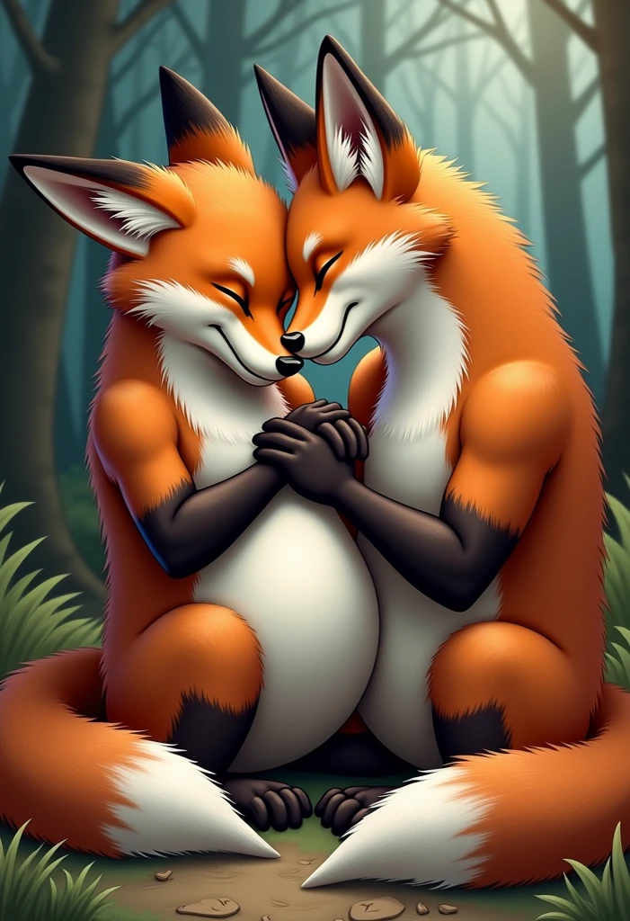 Dagashi, ( Hairy body) , (Realistic fur) , Are standing, Fluffy tail, blush, (:3), A cross between a boy and a fox,A cross between a girl and a fox ,happy , Cinema Lighting ,4K, in the forest, cute nude Naked Naked Completely naked having mating