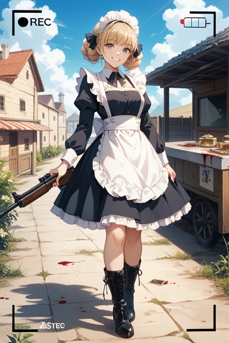 Top quality, very delicate and beautiful, girl, 11 years old, (dark brown hair), blue clothes with vertical buttons, belt at the waist, white skirt, (ponytail)), (white hair band), (brown boots), blue eyes, standing, smile, blood wet, a large amount of fresh blood, a large amount of return blood, fresh blood on the ground
