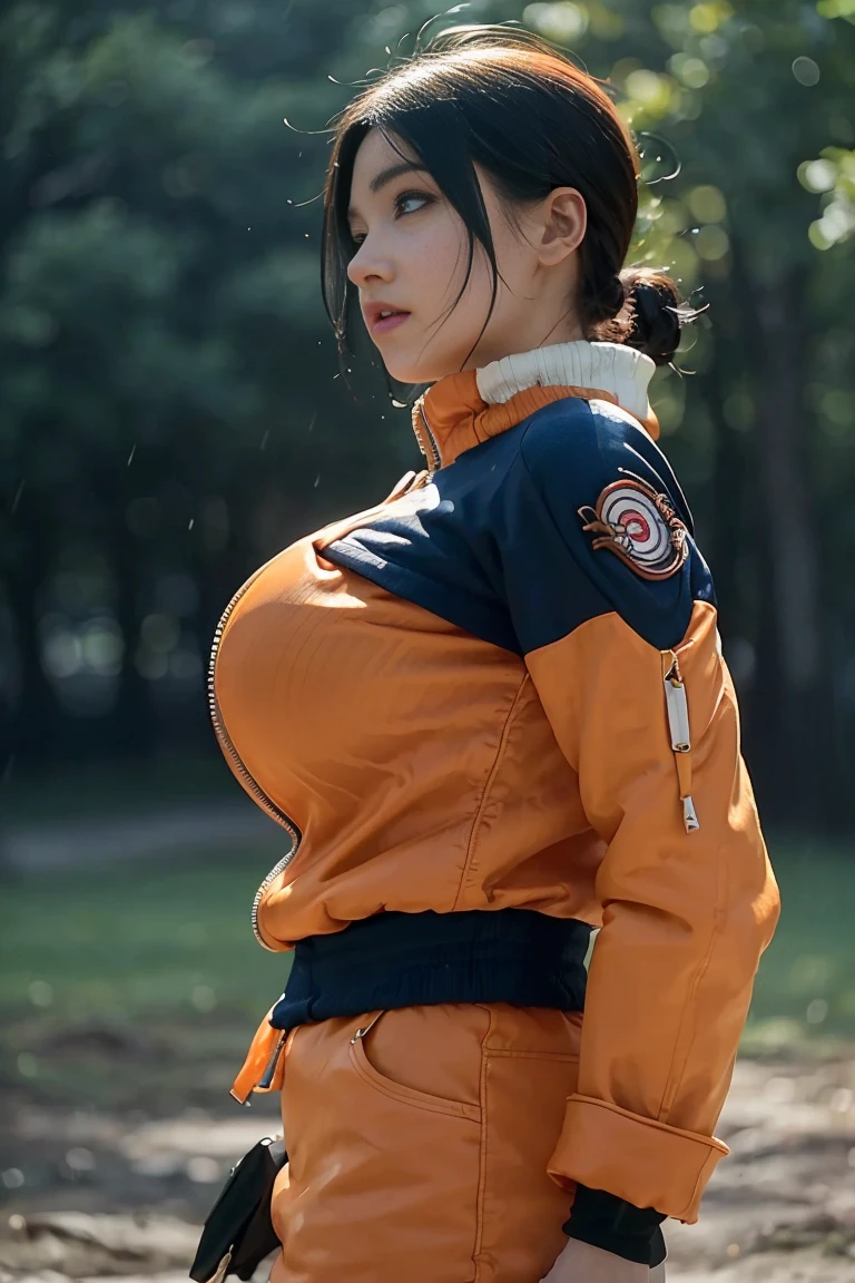 Five-fingered、clothes shiny、musculature、Big breasts that are about to burst、Cool smile