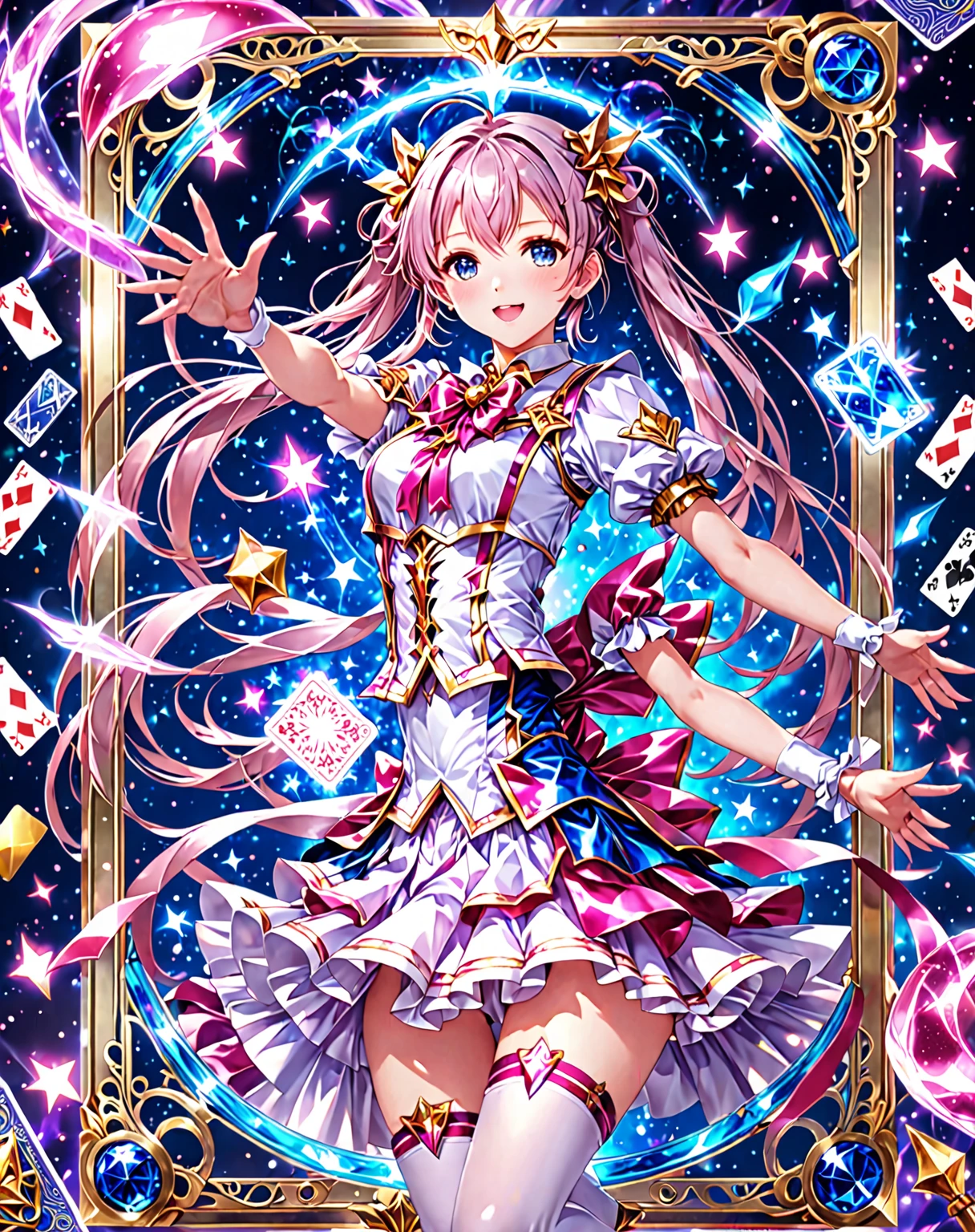 Highest quality、High resolution、Detailed Background、Beautiful face in every detail、Anatomically correct、Detailed facial expressions、fine grain、((full body, from below:1.8, side shot, looking away:1.2)), break　((One Girl:1.2)、((Chibi Girl:1.2)))、Bright pretty hair color、Big beautiful blue eyes、Fuller lips、Pink Lips、Braided twin tails、Ahoge、(slam a playing card on the table:1.2)、(Cute formal wear、cute leather shoes)、break　(Extend one arm horizontally、Raise one arm and place your hand above your head、Holding a playing card:1.2)、(Poker face:1.2、A small smile:1.2、Sweat on the forehead、Sweat on the chin)、(Casino background:1.2、Many spectators、Coins and bills are flying)