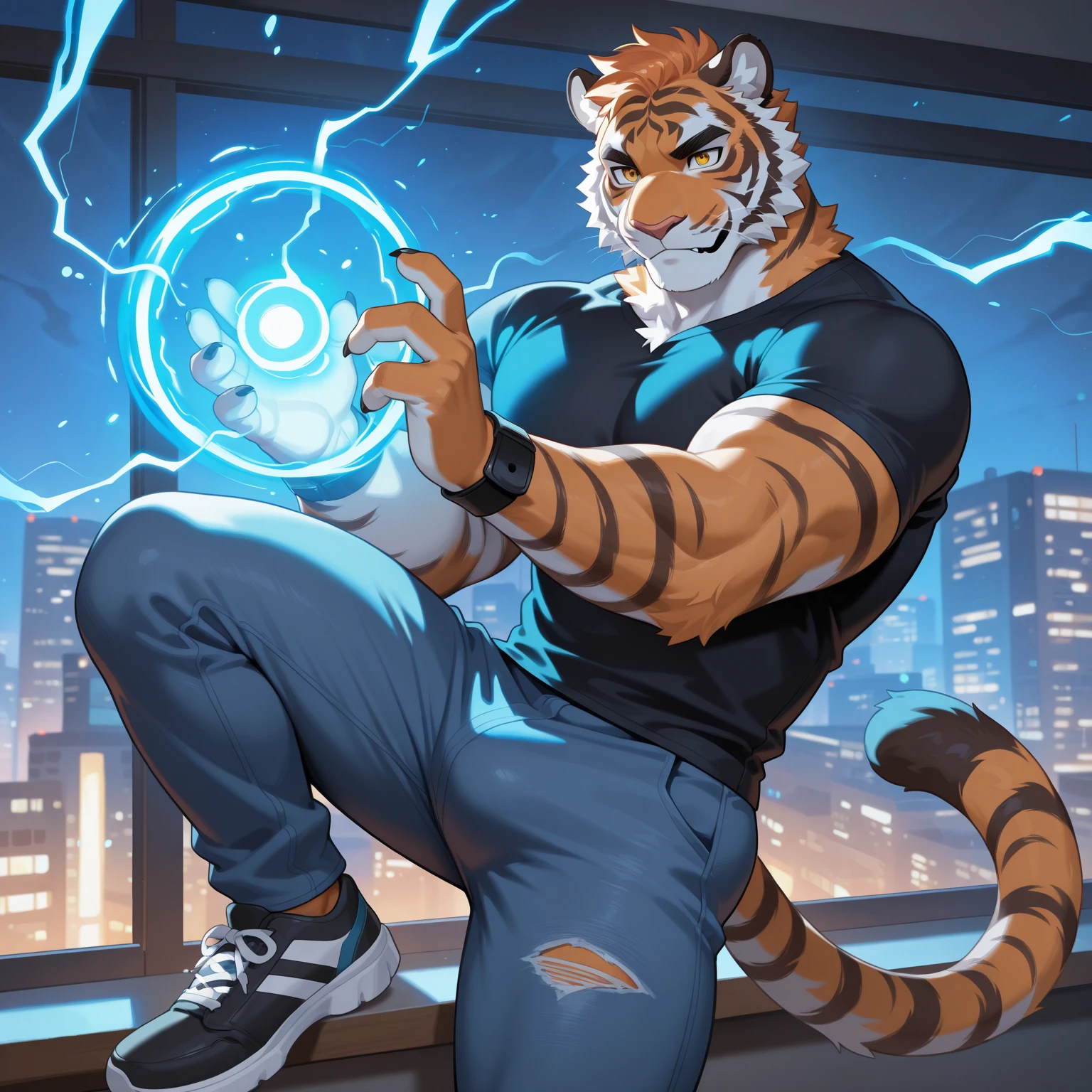 (slightly upper camera angle, dramatic pose,right hand holding camera taking selfie), (masterpiece,high quality), solo,furry,mature male,male focus, (by waspsalad:1.1), by photonoko, by sallyhot, by skygracer:0.4, solo, (anthro,mature male boy tiger,(chibi:0.1), ((orange yellow fur)), blue eyes), tiger tail, tropical island, cyberpunk mythology background, (wearing wet white vest, jockstrap), male brown pubic hair, (one leg stepping on chair)
