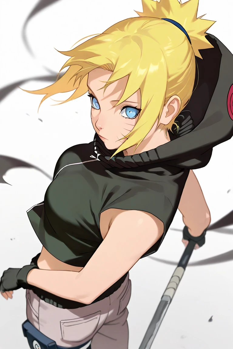 young girl, Blonde, blue eyes, bangs, short shoulder length hair, makeup, big breasts, small waist, flat stomach, Wide hips, big thighs, ninja, loose black pants below the waist, foot bandages, white cropped t-shirt, short sleeves, gloves, ninja style, konoha bandana on the waist, Leaf Village, stop looking at the village, perfect lighting, detailed shadows, high quality, HD, 4k, Masterpiece