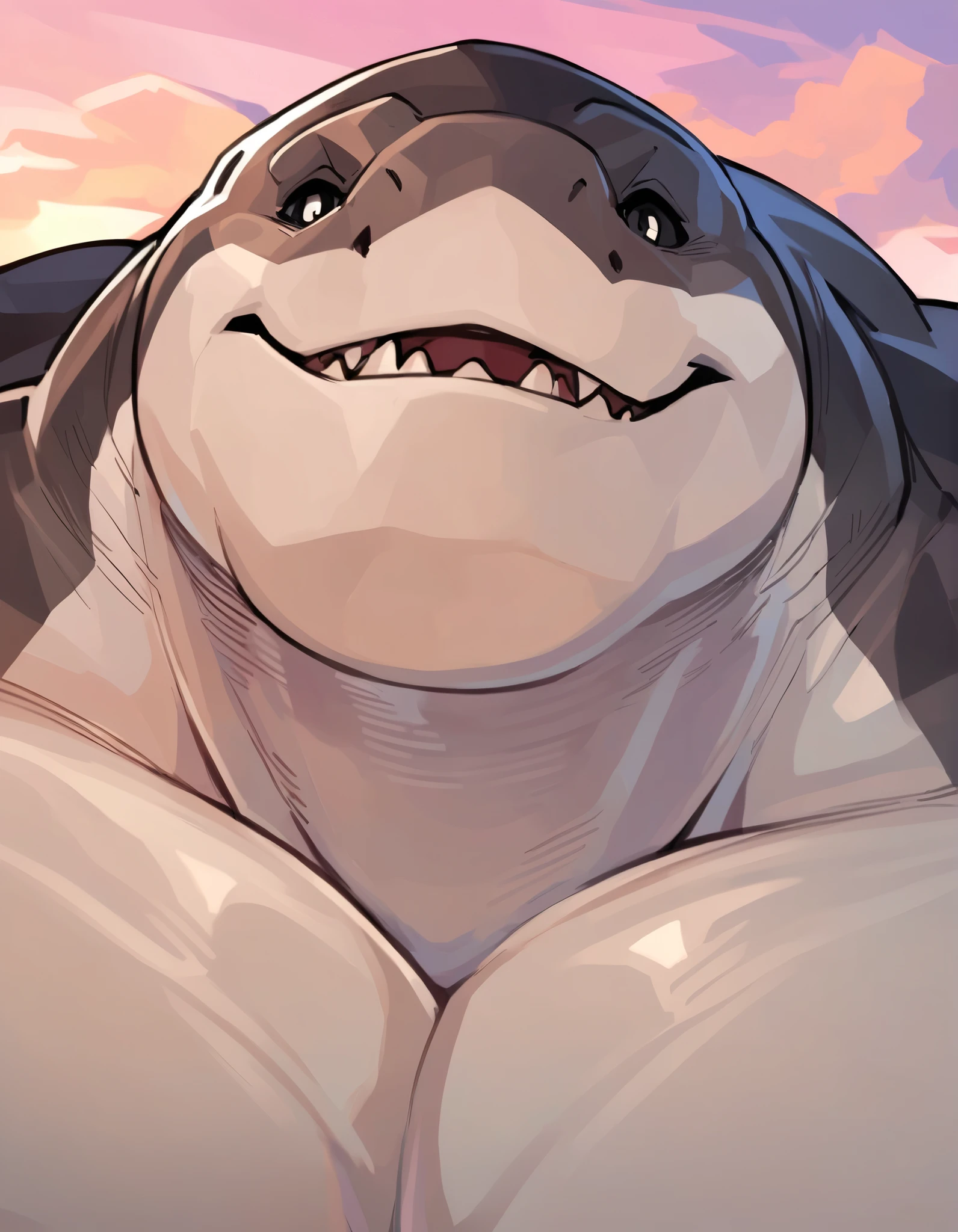Close-Up Portrait: Sarcastic obese Great White Shark; showing off his perfect physique and perfect anatomy; Gray/White skin, light beard, shiny black Eyes, large muscles, Detailed body, burly huge stature; masterpiece, Anime Style, Two-tone body; hard bulky; Detailed face; Fine grain, thick jaw, Detailed body, sunset beach, Detailed hands, Shining Body, Shiny body, Dynamic Angle, looking at viewer, close-up OP-POV;