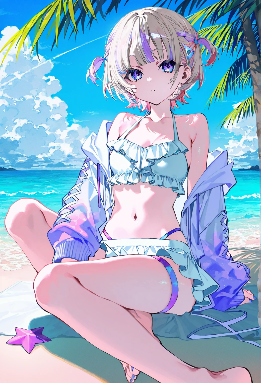 Lolita, Lovely, 1 girl, alone, whole body, beach,Pink skirt, ridiculous, white lace, high resolution, Super detailed, most detailed,nude,barefoot