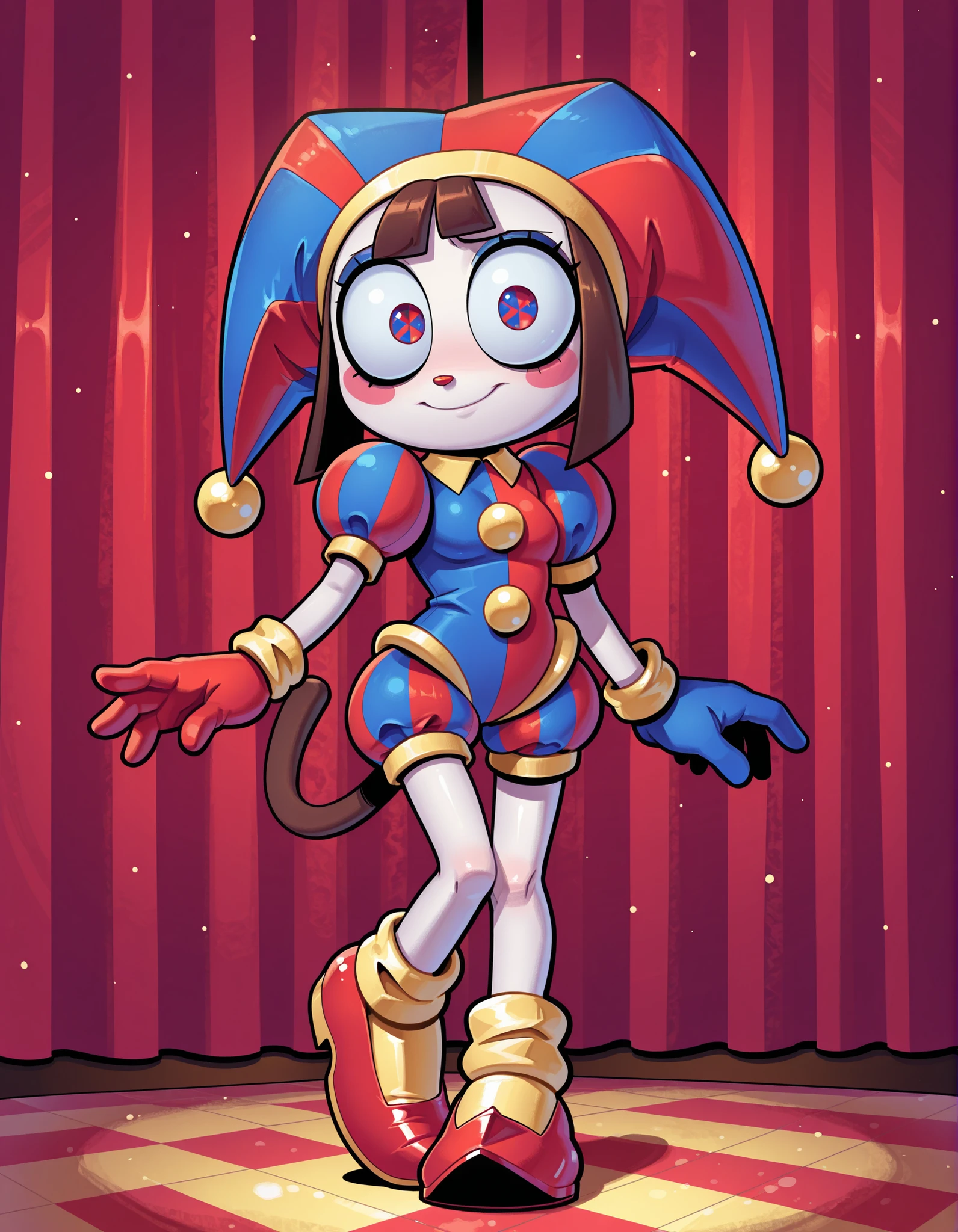 evnstnly,, 1girl, solo, masterpiece, best quality, amazing quality, very aesthetic, absurdres, source furry, Pomni, Pomni_(The_Amazing_Digital_Circus), mobian cat, dog ears, blue eyes, white body fur, brown hair, straight bangs, looking at viewer, smile, oily skin, eyeshadows, (short body, tiny body), big head, closeup, ((jester cap, gloves, puffy short sleeves, red eyes and blue eyes, striped, red shoes)), full body, small breasts, cat tail, circus on background, standing, pink cheeks, shy stance,