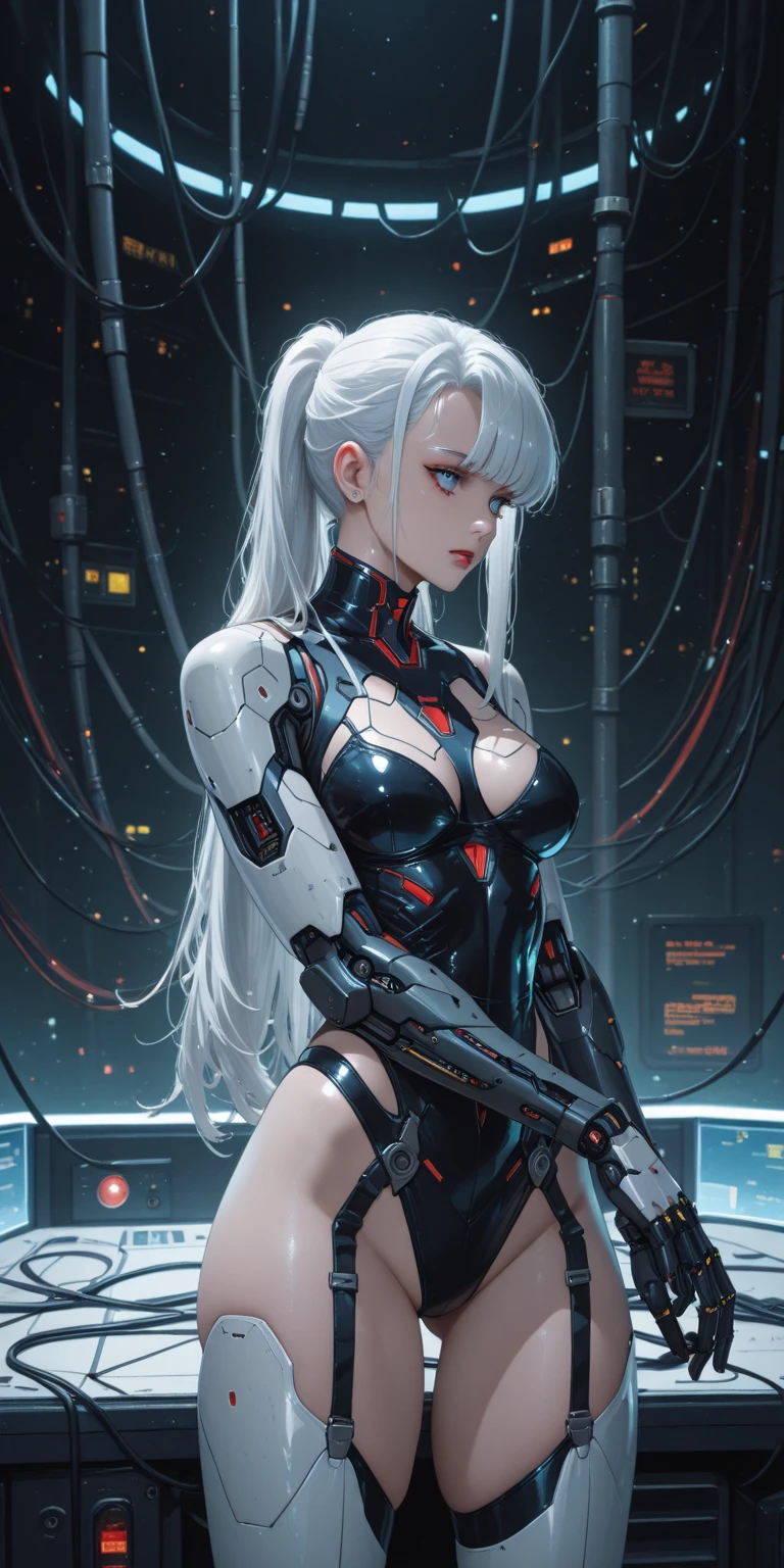 (Extreme Detail CG Unity 8K wallpaper, masterpiece, highest quality), (Exquisite lighting and shadow, highly dramatic picture, Cinematic lens effect), a girl in a white Spider-Man costume, silver redhead hair color, from the Spider-Man parallel universe, Wenger, Marvel, Spider-Man, sitting on the couch, dynamic pose), (excellent detail, excellent lighting, wide angle), (excellent rendering, enough to stand out in its class), focus on white Spider-Man costumes, complex spider textures, she is in defense pose, detailed eyes, blue eyes color, neon lights in background