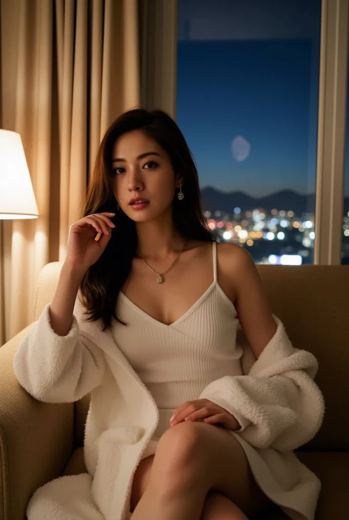 ((best quality)), ((masterpiece)), (detailed), 1girl, sexly,Red underwear、White bathrobe、Large windows、Night view of skyscrapers