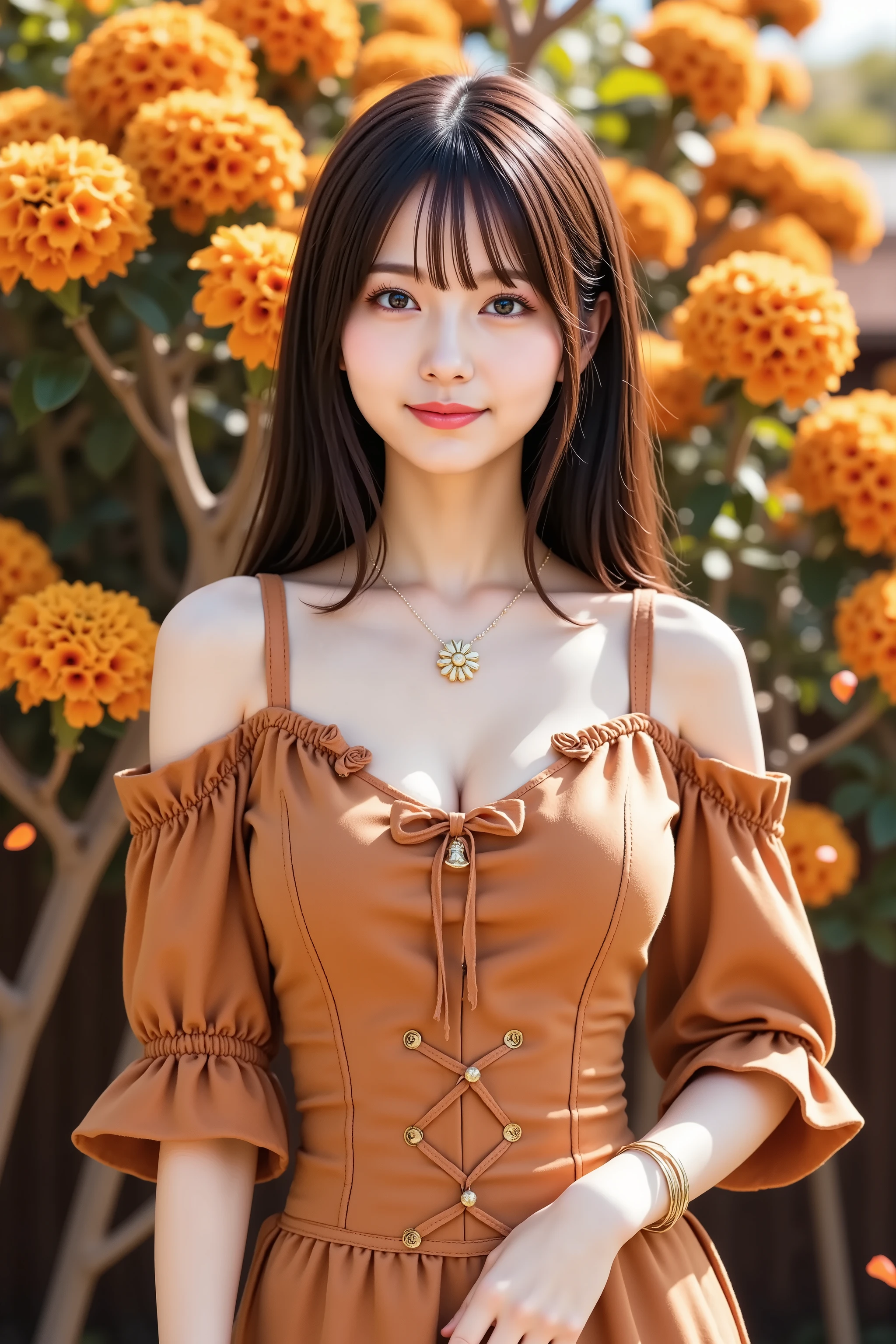 firm breast, cleavage, by adjusting the framing so the subject's full head is visible within the composition, a highly detailed and realistic digital illustration of a female character in a stylized military-inspired fantasy outfit, realistic high-resolution photograph of a woman standing in a floral outdoor setting during early autumn, captured just below the shoulders, positioned entirely within frame to avoid head cropping. she is wearing a detailed, off-the-shoulder gown in rich amber-orange, made from slightly lustrous fabric that catches warm light across the bodice and sleeves. the corset-style bodice features vertical stitching and decorative ribbon lacing down the front, adding both texture and historical elegance. the off-shoulder sleeves are ruffled and gathered at the upper arms with floral accents, and flow loosely below with translucent orange drapery. a thin choker necklace with a delicate flower-shaped pendant sits at her neck, complementing the seasonal color palette. around her wrists are thin gold bangles that reflect the ambient warm lighting subtly. the background consists of densely clustered marigold and chrysanthemum flowers in vivid yellow, burnt orange, and soft red tones, arranged against dark leafy branches. falling petals are suspended midair around her, with some resting on her gown, enhancing the immersive autumn atmosphere. the lighting is golden and directional, simulating a sunset glow that highlights the texture of the dress, casts gentle shadows across the arms and neckline, and adds depth to the folds of the gown. ensure her full head is within the frame and all key background elements, such as the layered flowers, branches, and scattered petals, remain visible and coherent. focus on realistic textile details, ambient natural light, and warm, balanced contrast to create an evocative yet grounded visual representation of an early-autumn portrait scene.