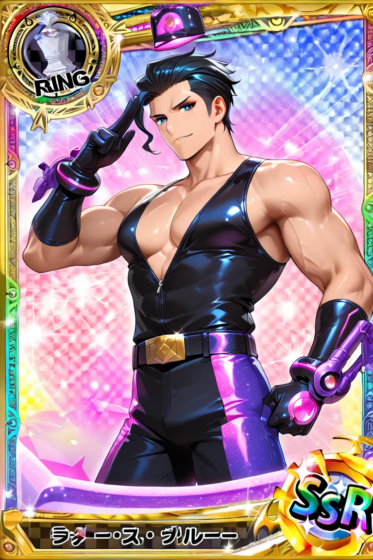 Solo, there is one man depicting the whole body, male only, sexy, sensual, playboy bunny, cyberpunk, latex rabbit ears, demon world, strip club, SM club, show stage, nymphomaniac, incubus, little devil wings, devil's tail, erotic look, emotional, neon pink lewd print tattoo on navel, heart motif, heart accessories, latex suit vest, collar and pink neon colored bow tie, suspenders, men's leather shoes, gloves, sleeves, socks, G-string bikini, string bite, beckoning, bunny boy, mega muscle, hyper muscle, masculine appearance, mature man, heart in the eyes, beautiful neon colored eyes, handsome, underwear only, shirtless, no pants, Beautiful muscles, complex and elegant, highly detailed digital painting, anime style art, art station, concept art, highest quality, masterpiece, ultra high definition, detailed background, realistic figure, muscular man, beard, muscle, volumetric lighting, depth of field, smooth and sharp focus, illustration, art, black face hair, cropped hair, mesh color hair, muscle, navel, musclemuscle, male, gay, hyper muscle, male focus, muscular male, yaoi, muscle, buttocks, pectoral muscles, large pectoral muscles, thick quadriceps, thighs, wet body, heat and steam emanating from the body, sweaty, soaked, crotch, big back, back, showing back, showing buttocks, upper class, shiny oiled skin, glittering oiled skin, tanned skin, drooping eyes, beholder, Sexy poses, super angles, dynamic poses and angles, favorable, mellow, fascinating, mesmerizing looks, SFW version, I-shaped balance, standing split,